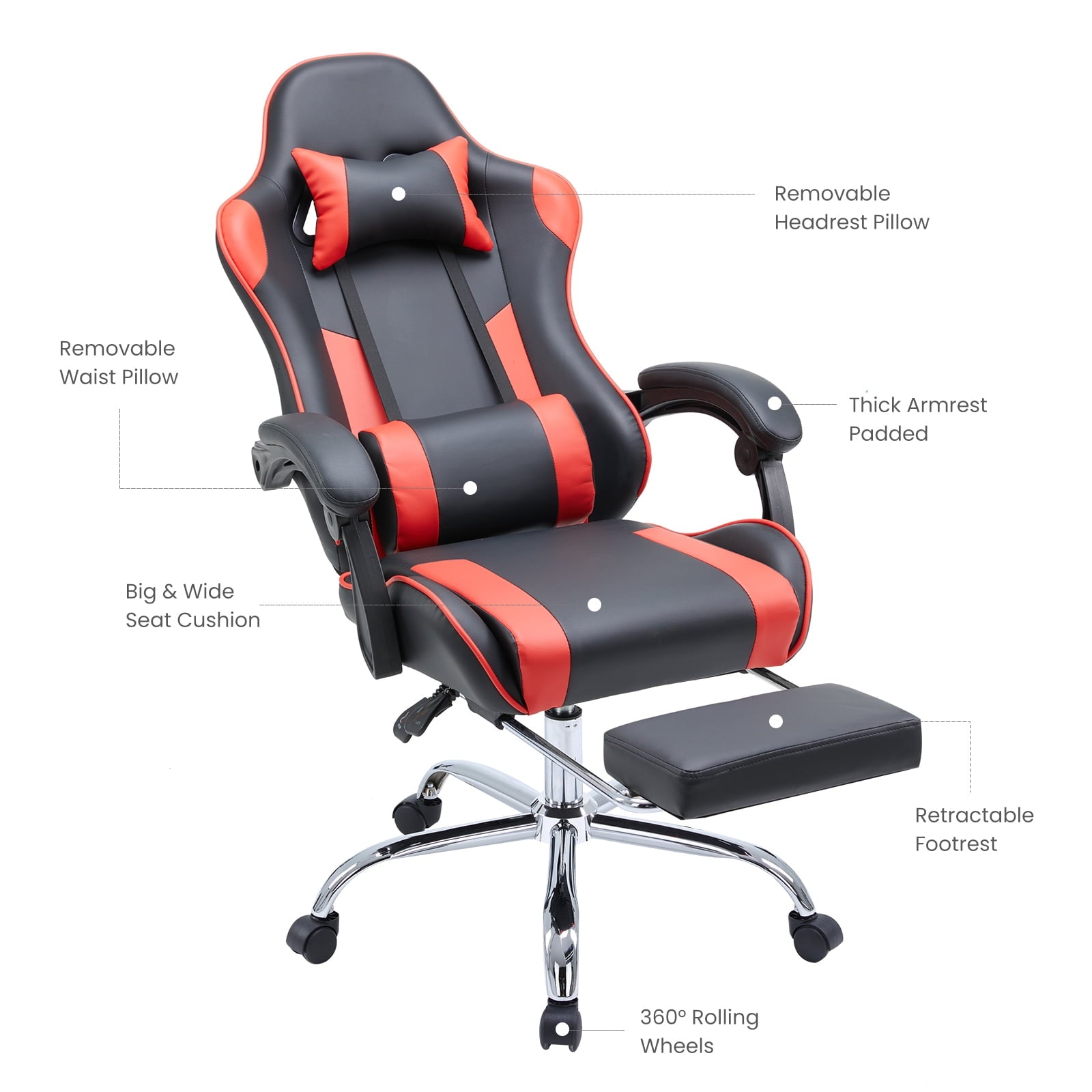 JOINSUN PU Leather Ergonomic Gaming Desk Chair, Fixed Armrests, Height Adjustable, 360° Swivel, for Adults, Red