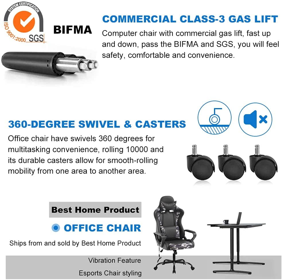 Dkelincs PC Gaming Chair Massage Computer Desk Chair with Headrest Adjustable Office Chair with Armrest & Massage Lumbar Support for Teens & Kids, CAMO