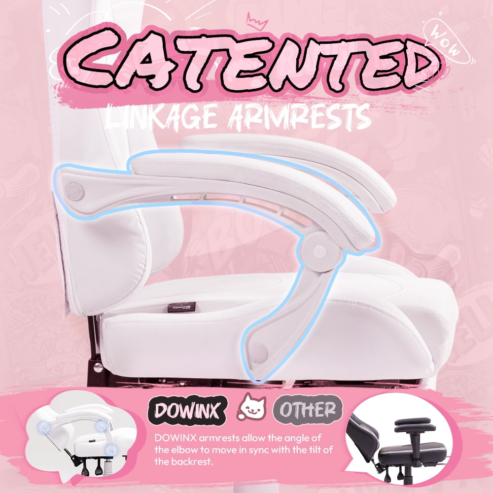 Dowinx Gaming Chair with Cat Ears, Massage Lumbar & Footrest - Ergonomic Reclining Computer Chair for Girls, 290LBS, White