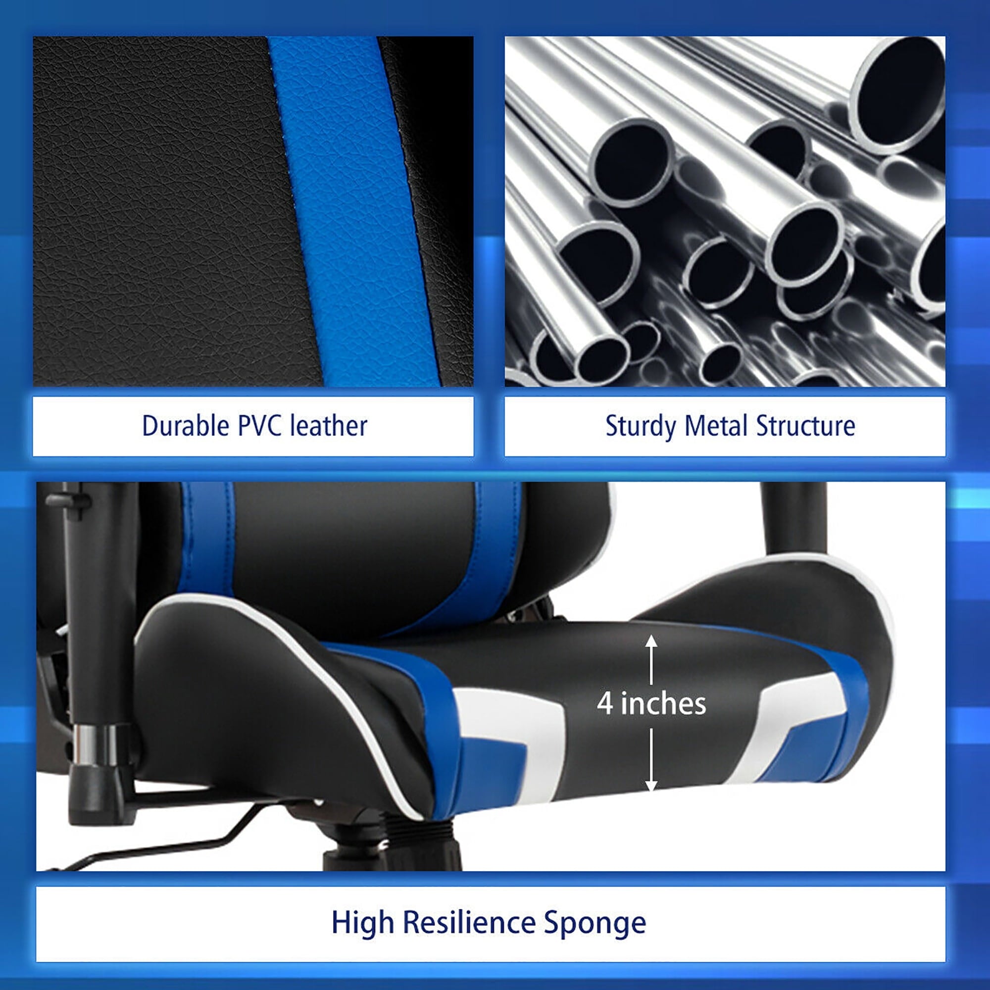 Goplus Massage Gaming Chair Racing Computer Swivel Chair with Headrest & Lumbar Support Blue