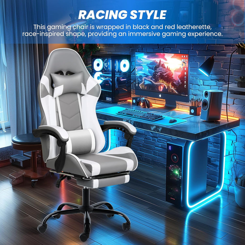 YUONAO White Gaming Chair with Footrest, Big and Tall Gamer Chair, Racing Style Adjustable Swivel Office Chair, Ergonomic Video Game Chairs with Headrest and Lumbar Support-Grey/White With Footrest
