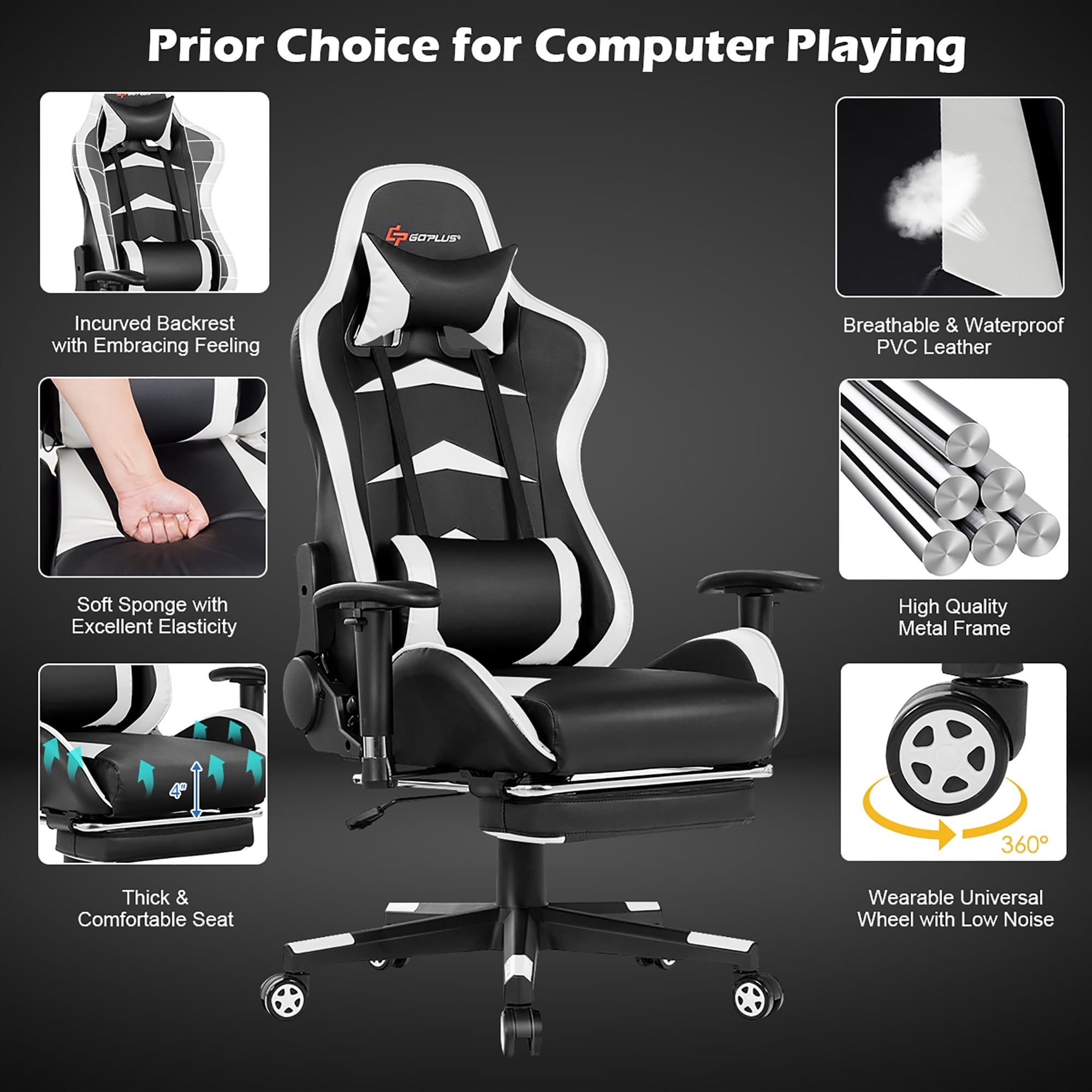 Costway Adjustable High Back Racing Gaming Chair with Footrest and Lumbar Massage, White