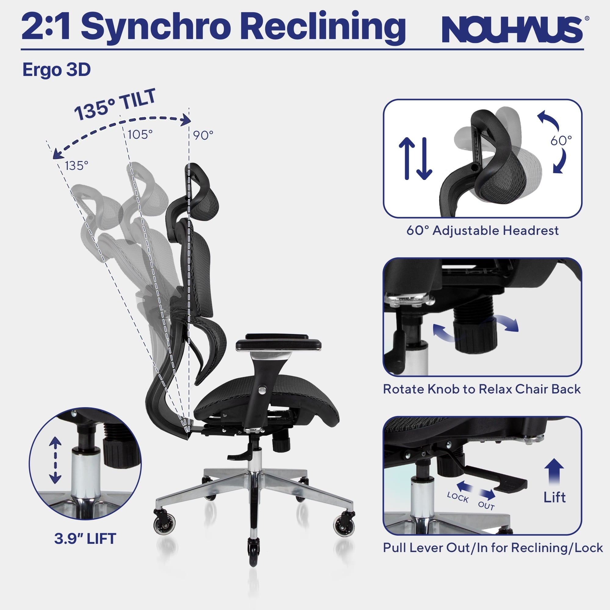Nouhaus Ergo 3D Mesh High Back Ergonomic Office Desk Chair for Long Hours with Lumbar Support and Adjustable Headrest