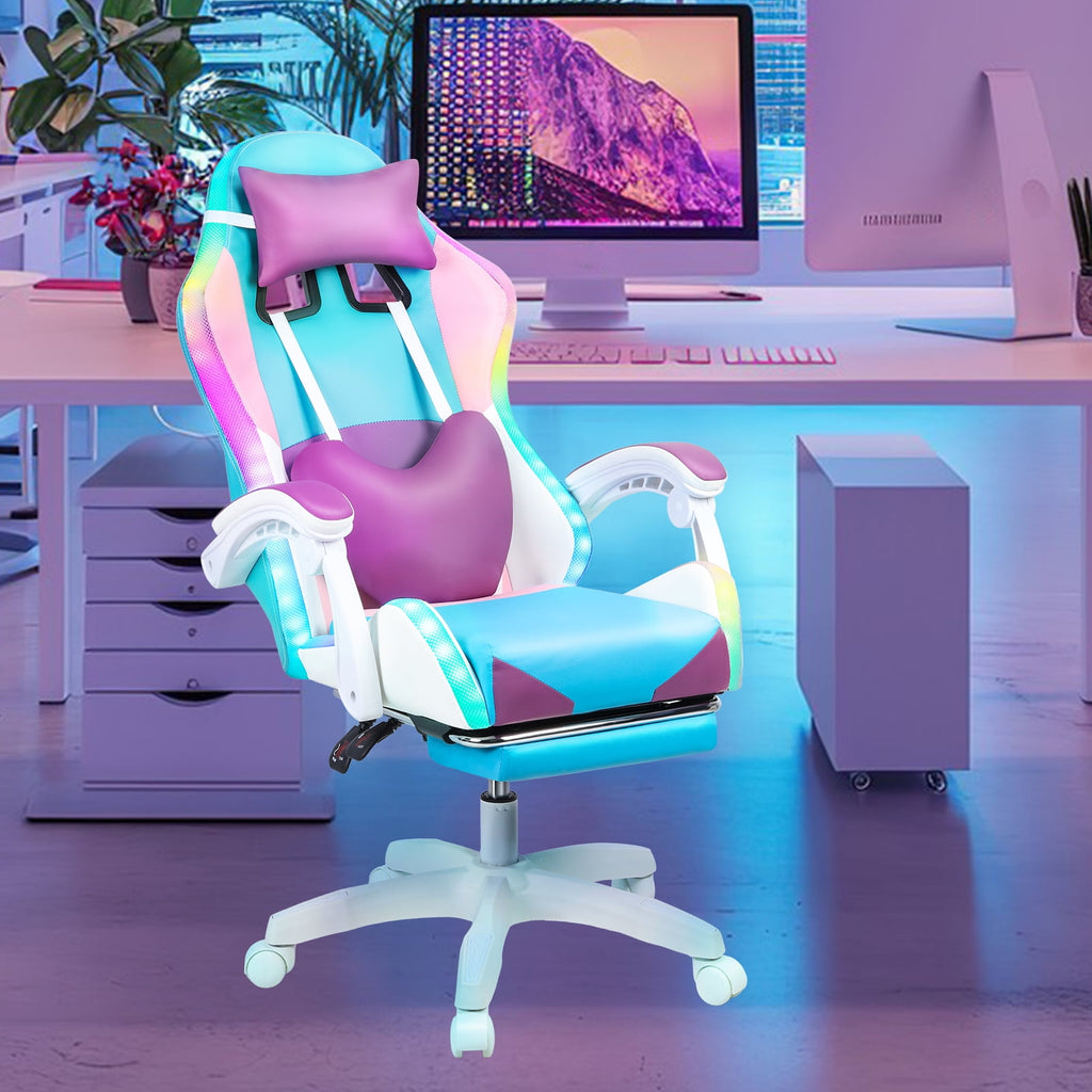 Frogued Gaming Chair with RGB LED Lights for Girls, 360-degree Swivel Base, Ergonomic Computer Chair with Massage and Footrest, Reclining Video Game Chair for Adult