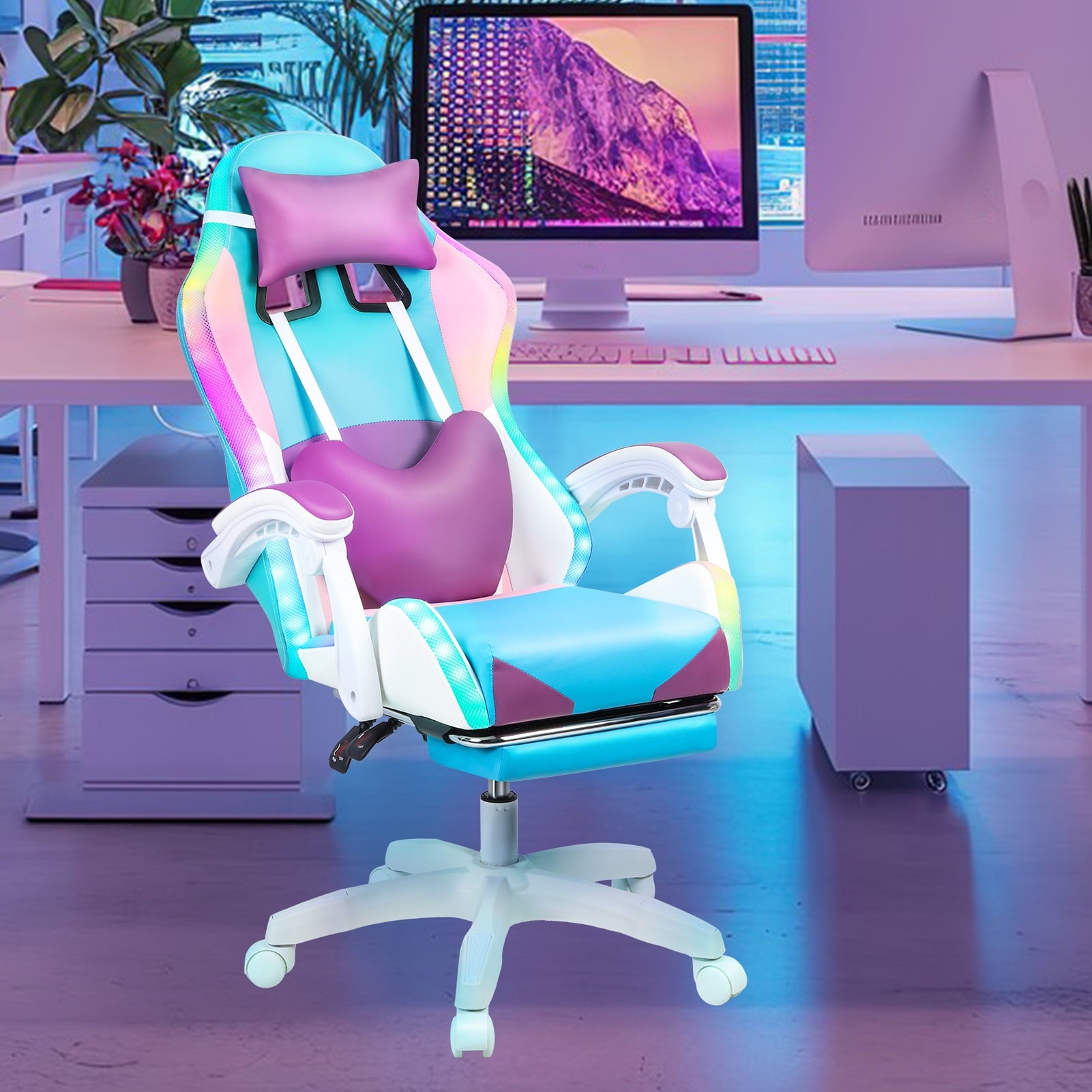 Frogued Gaming Chair with RGB LED Lights for Girls, 360-degree Swivel Base, Ergonomic Computer Chair with Massage and Footrest, Reclining Video Game Chair for Adult