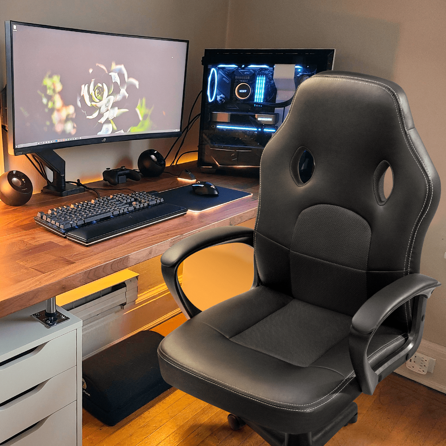 Furmax Faux Leather Gaming Chair Mid-Back Video Game Chair with Lumbar Support, Black