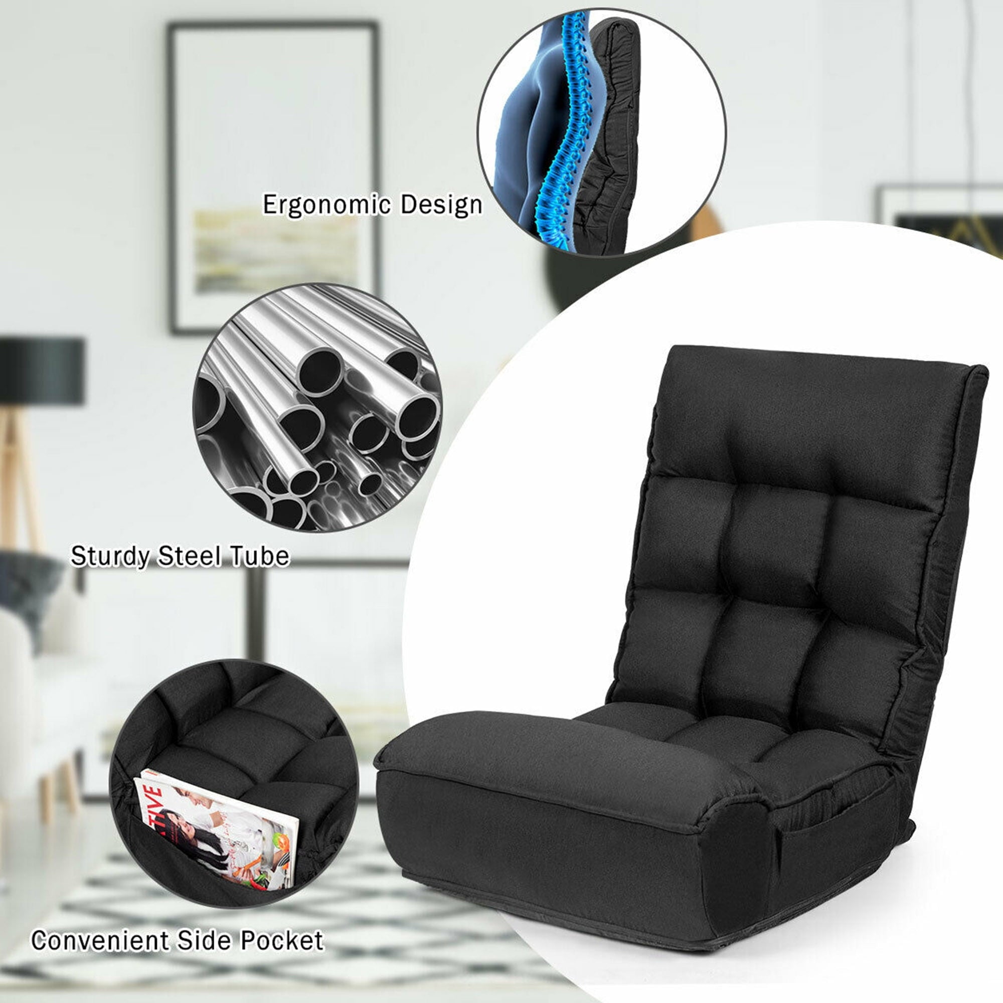 Gymax 4-Position Floor Chair Folding Lazy Sofa w/Adjustable Backrest & Headrest Black