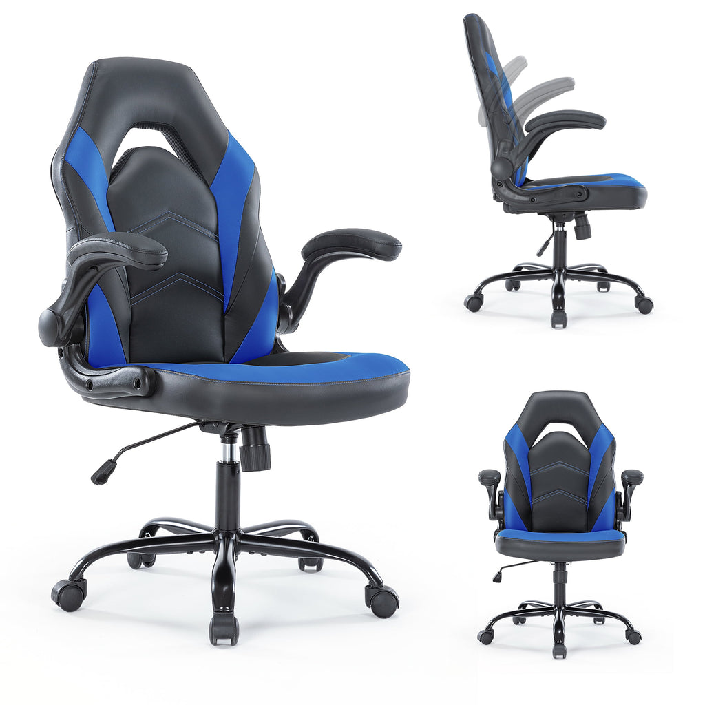 CONCETTA Gaming Chair, Ergonomic Office Chair Desk Chair with Flip-up Armrest and Height Adjustable PU Leather, Computer Chair with Lumbar Support, Black and Blue
