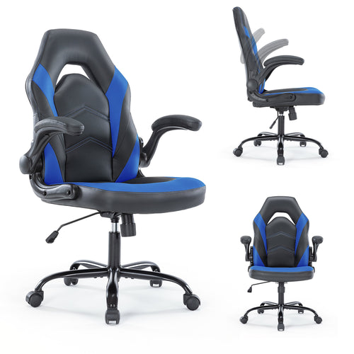 CONCETTA Gaming Chair, Ergonomic Office Chair Desk Chair with Flip-up Armrest and Height Adjustable PU Leather, Computer Chair with Lumbar Support, Black and Blue