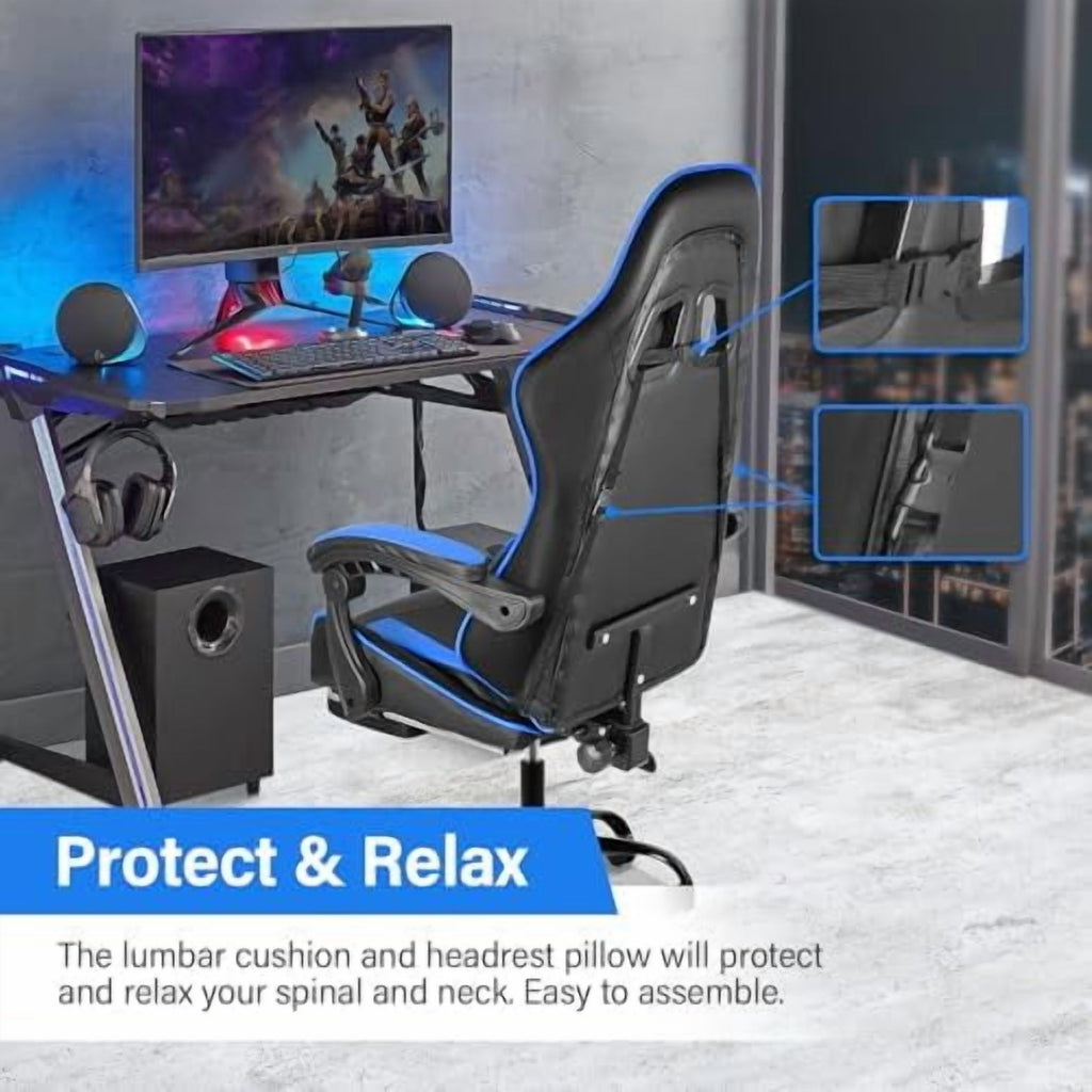 Gaming Chair, Backrest and Seat Height Adjustable Swivel Recliner Racing Office Computer Ergonomic Video Game Chair with Footrest and Lumbar Support, Black/Blue