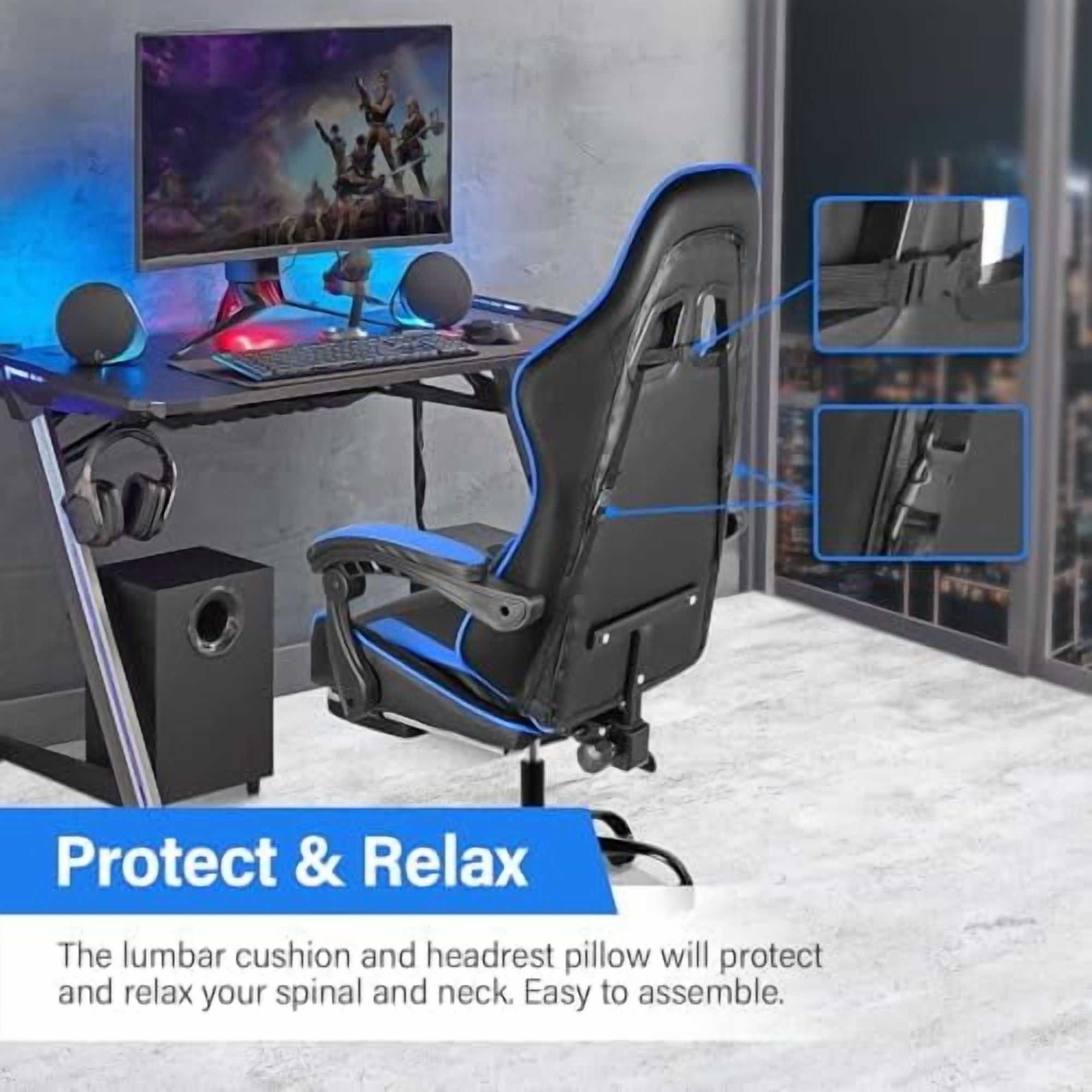 Gaming Chair, Backrest and Seat Height Adjustable Swivel Recliner Racing Office Computer Ergonomic Video Game Chair with Footrest and Lumbar Support, Black/Blue
