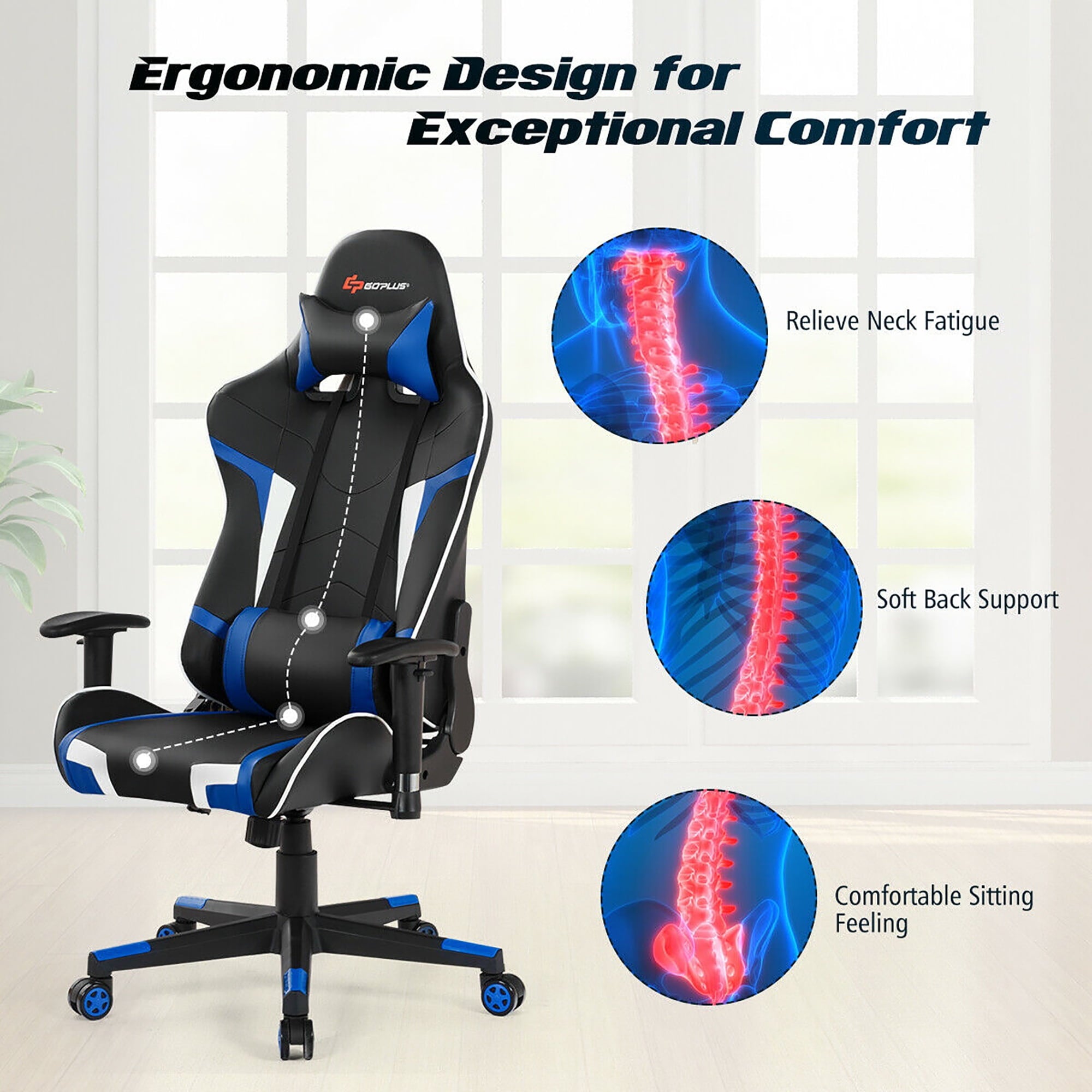 Goplus Massage Gaming Chair Racing Computer Swivel Chair with Headrest & Lumbar Support Blue