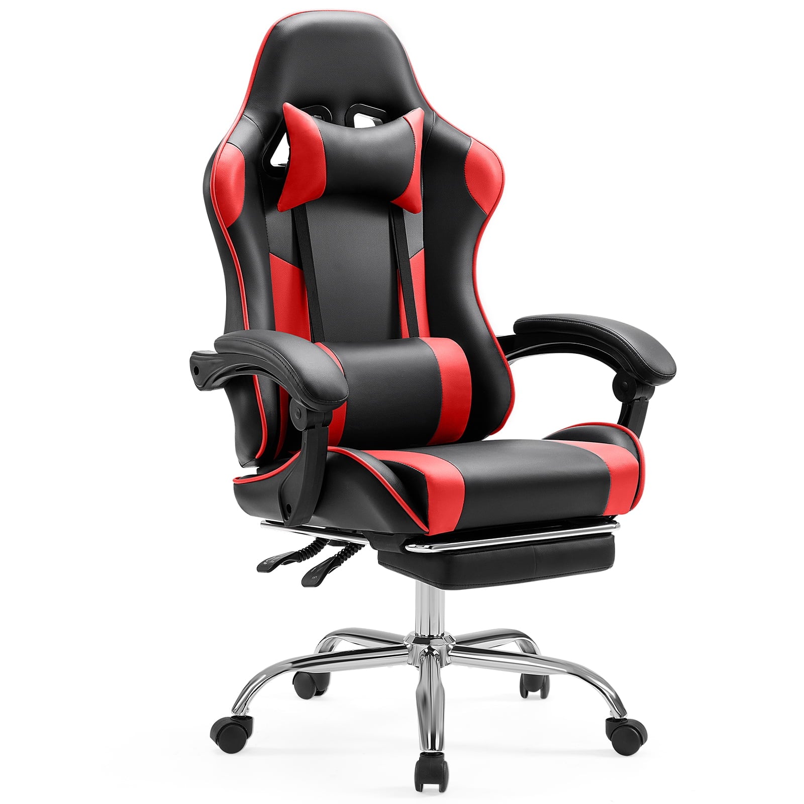 JOINSUN PU Leather Ergonomic Gaming Desk Chair, Fixed Armrests, Height Adjustable, 360° Swivel, for Adults, Red