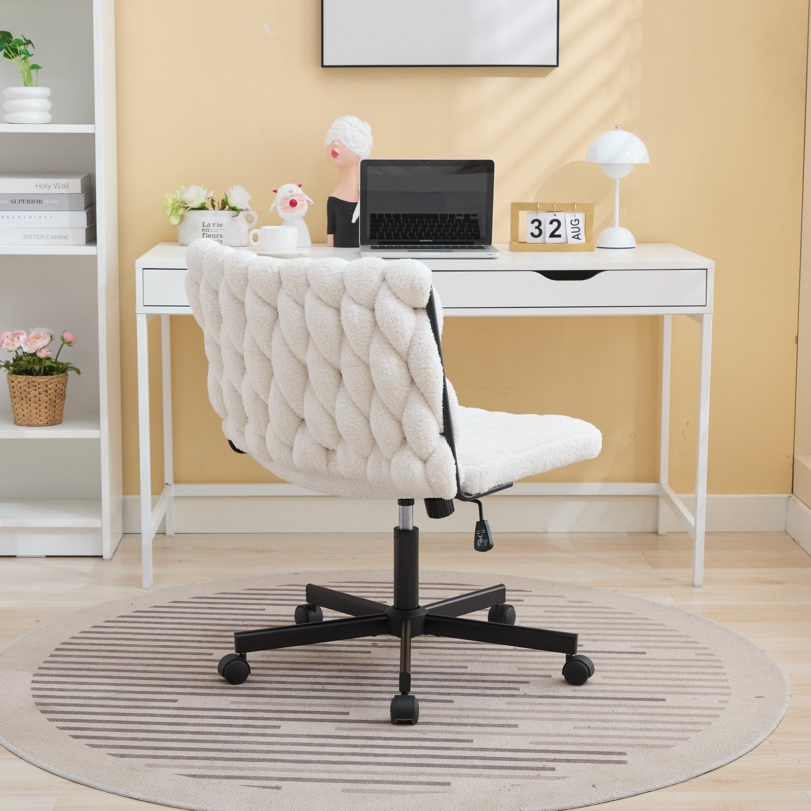 Huloretions Rolling Desk Chair,Computer Gaming Chair Fabric Criss Cross Chair,Armless Office Desk Chair,Swivel Height Adjustable Wide Seat,Vanity Chair Home Office Chair For Work Meditation