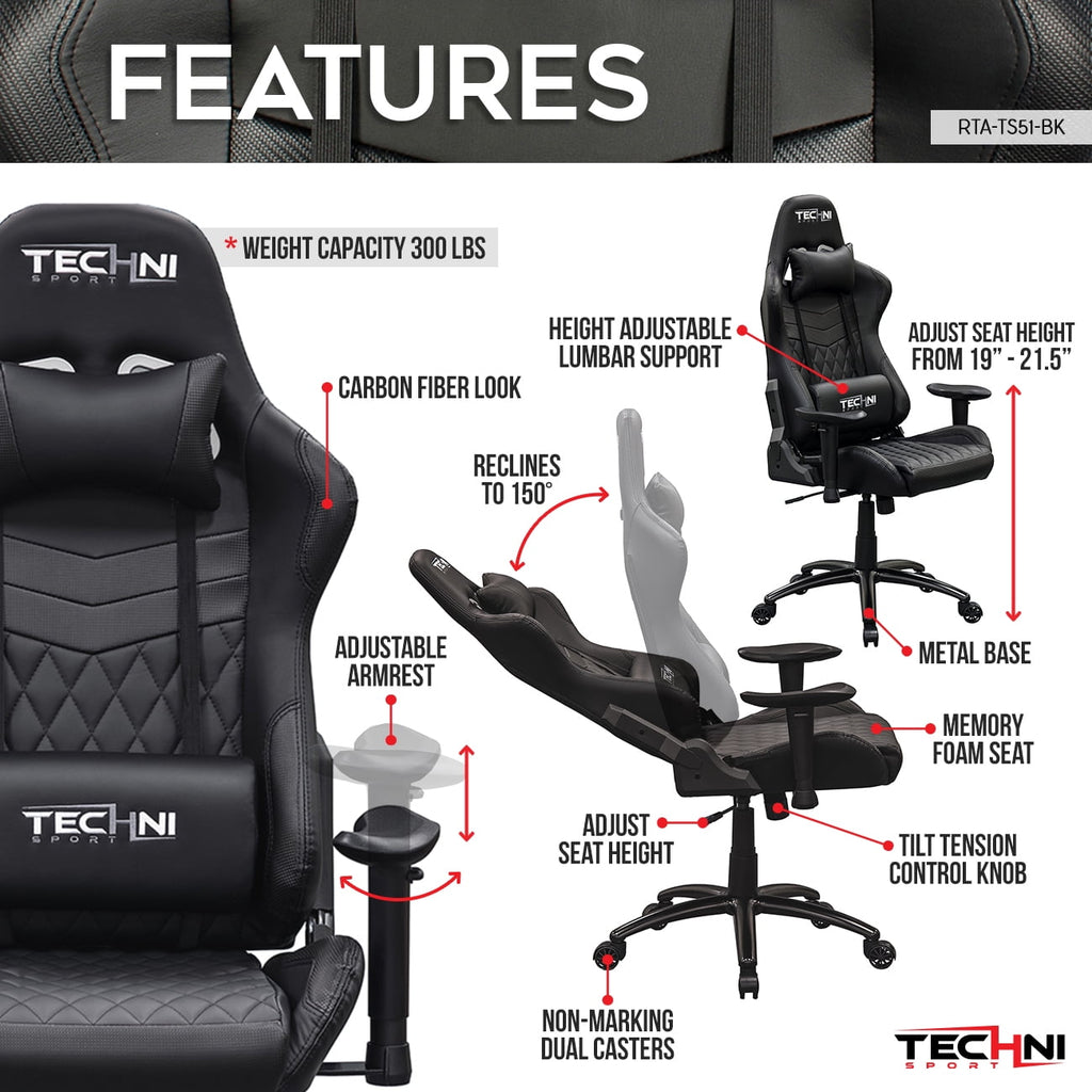 Techni Sport TS-5100 Ergonomic High Back Racer Style PC Gaming Chair, Carbon Fiber, Black RTA-TS51-BK