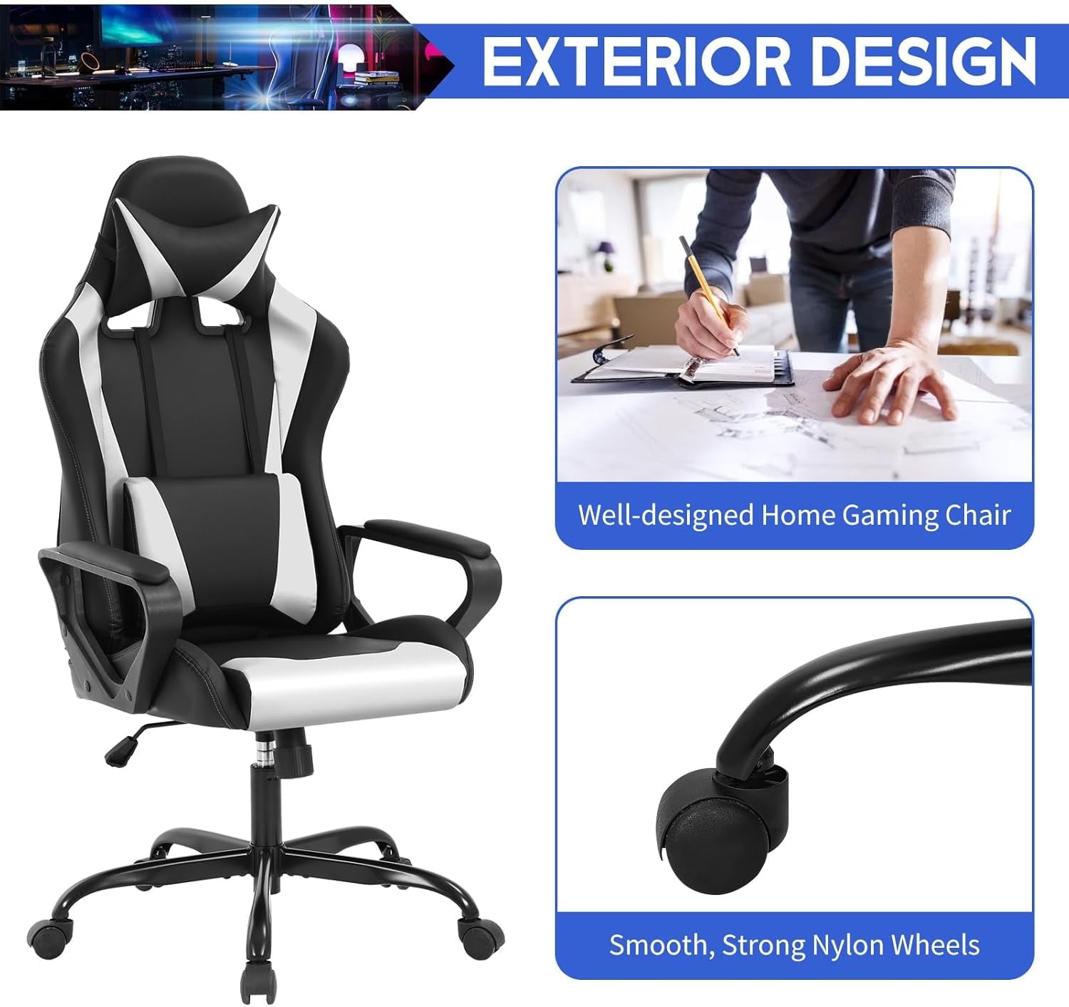 Dkelincs High Back Gaming Chair Racing Office Chair Leather Ergonomic Computer Chair Adjustable Swivel Rolling Desk Chair for Adults Teens, White