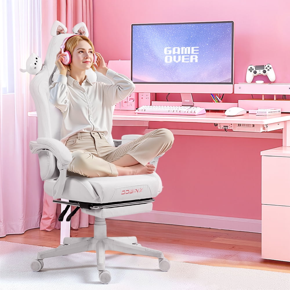 Dowinx Gaming Chair with Cat Ears, Massage Lumbar & Footrest - Ergonomic Reclining Computer Chair for Girls, 290LBS, White