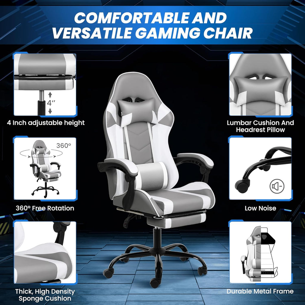 YUONAO White Gaming Chair with Footrest, Big and Tall Gamer Chair, Racing Style Adjustable Swivel Office Chair, Ergonomic Video Game Chairs with Headrest and Lumbar Support-Grey/White With Footrest