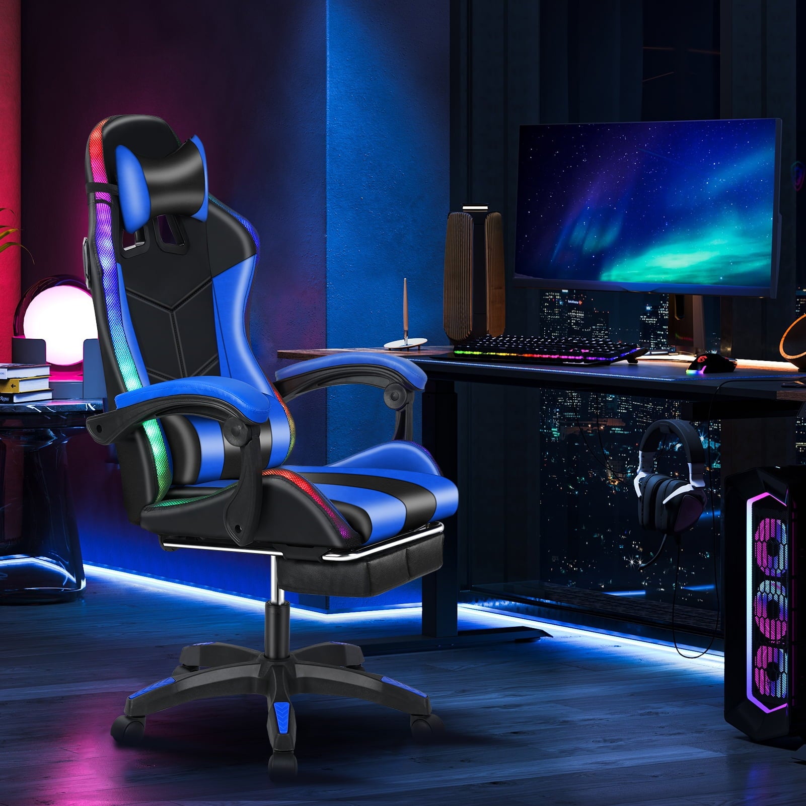 mwptoo Ergonomic Gaming Chair, Bluetooth Speakers and LED RGB Lights Massage Lumbar Support Computer Gaming Chairs Height Adjustable Video Gaming Chair (Black & Blue)
