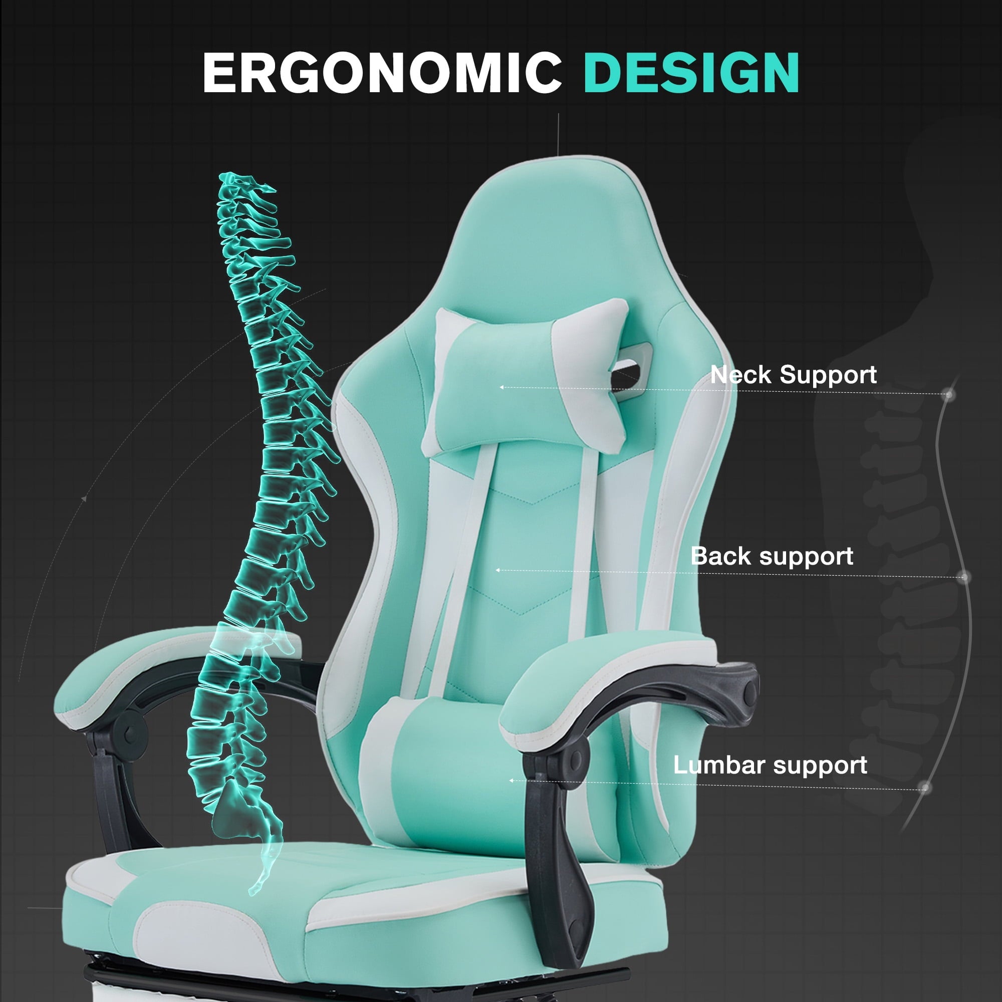 JONPONY Ergonomic Gaming Chair with Adjustable Footrest, 360° Swivel Racing Chair with Lumbar Support and Headrest, Breathable Material High Back Computer Chair for Adults,Green