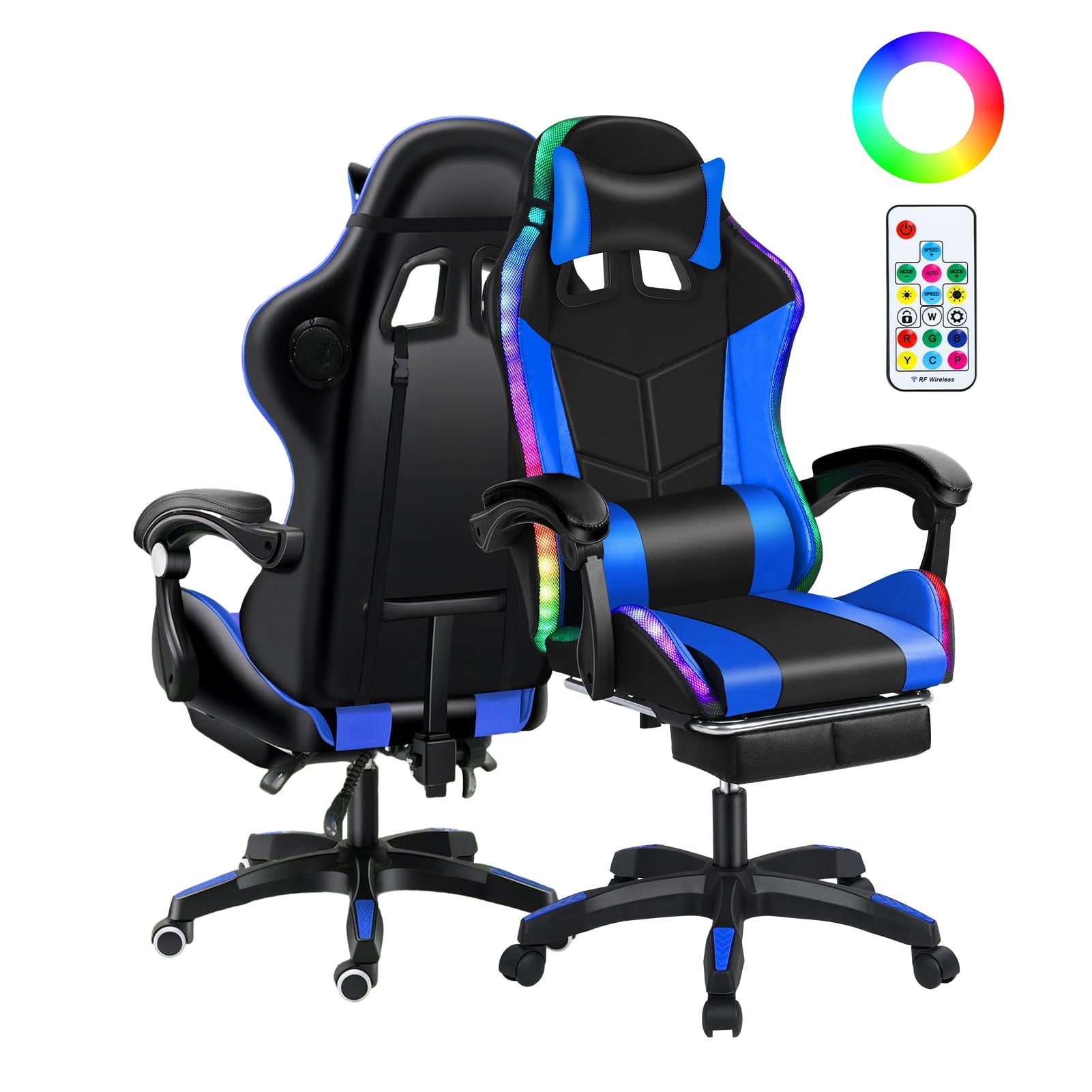 Nanly RGB Gaming Chair, Ergonomic Massage Computer Chair with Bluetooth Speakers and LED Lights Height Adjustable Swivel Chair with Lumbar Support