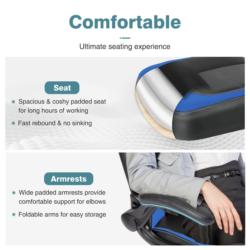 CONCETTA Gaming Chair, Ergonomic Office Chair Desk Chair with Flip-up Armrest and Height Adjustable PU Leather, Computer Chair with Lumbar Support, Black and Blue