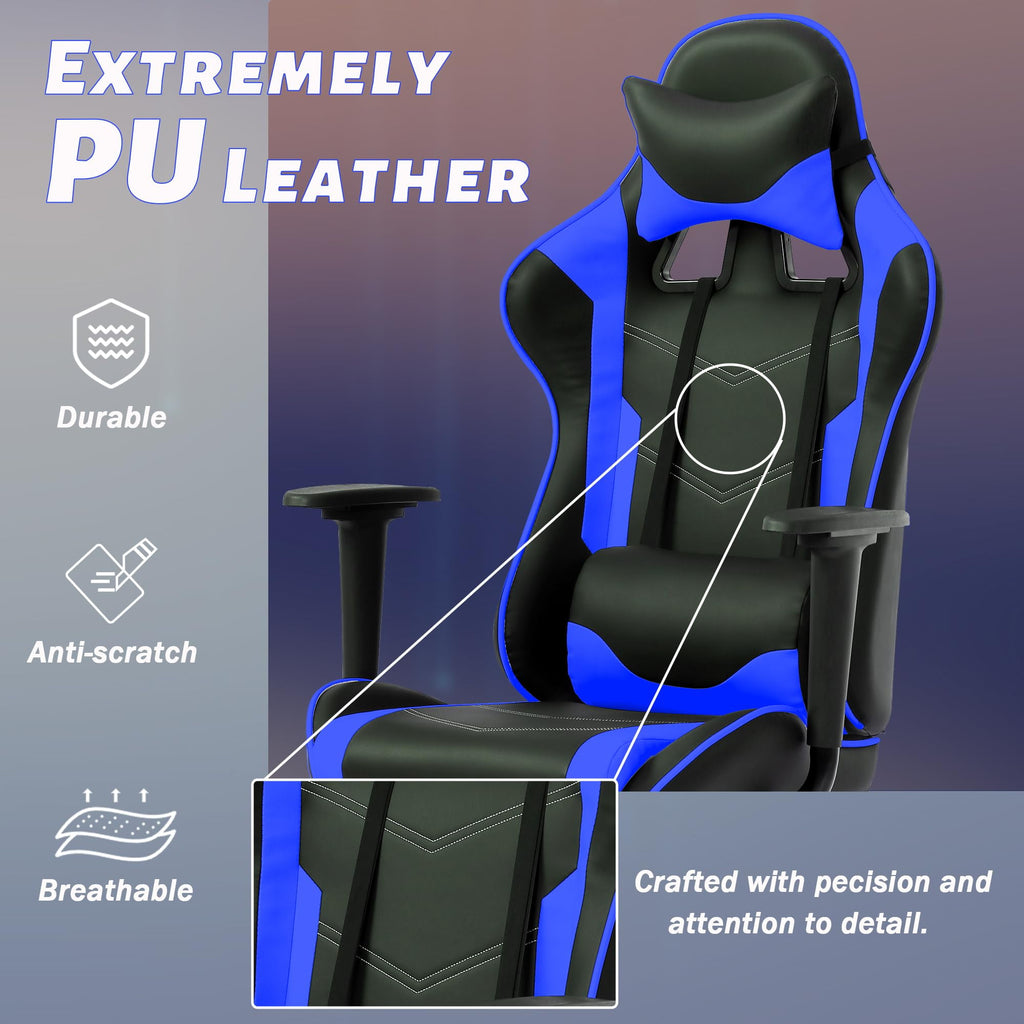 CL.HPAHKL Ergonomic Gaming Chair, PU Leather Recliner with Headrest Armrest Footrest Video Gamer Chair with Massage Lumbar Support Recliner Game Chair with 360° Swivel Seat, Blue