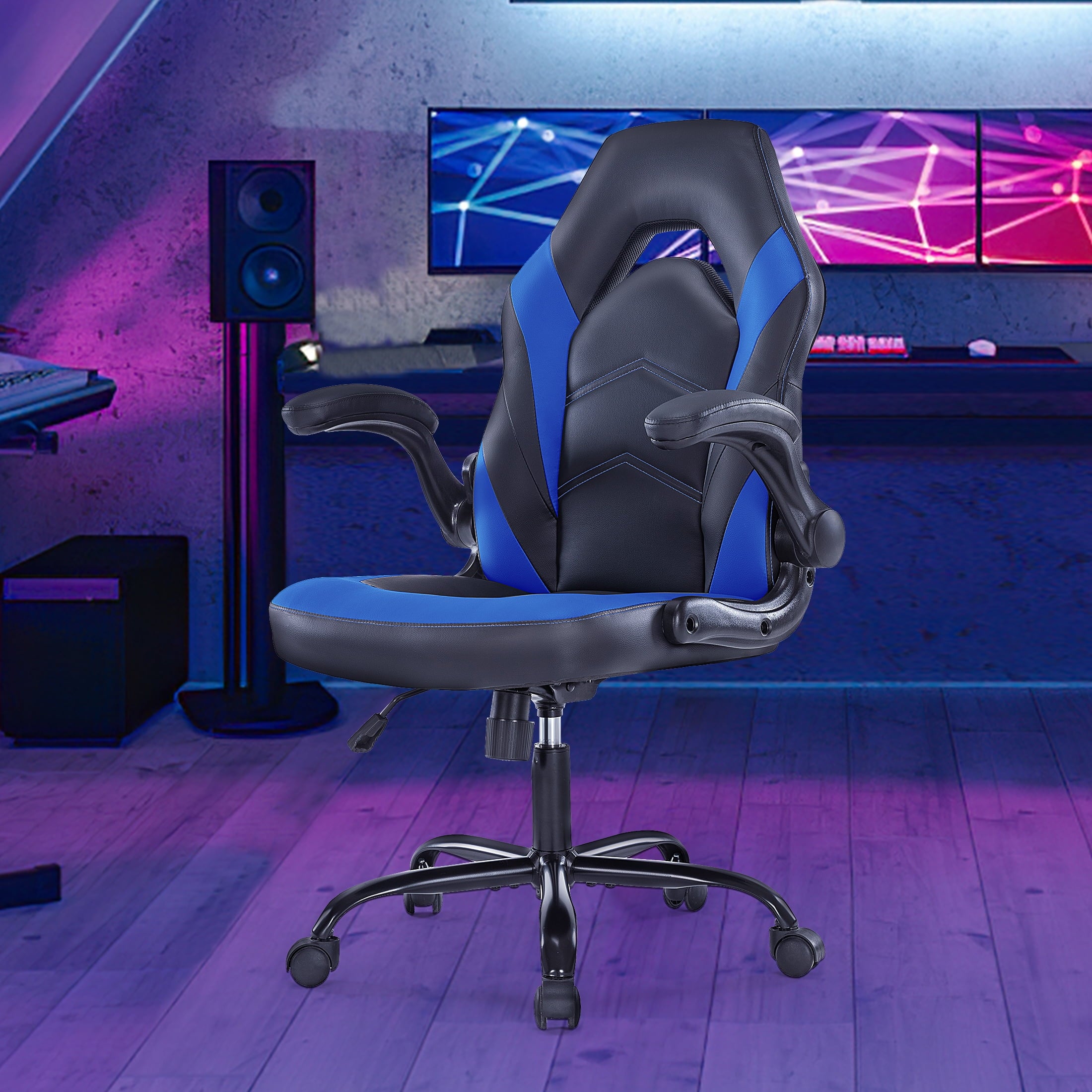 CONCETTA Gaming Chair, Ergonomic Office Chair Desk Chair with Flip-up Armrest and Height Adjustable PU Leather, Computer Chair with Lumbar Support, Black and Blue