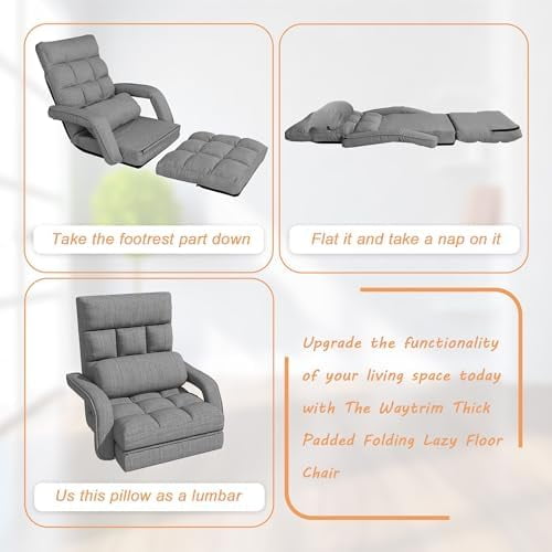 Floor Gaming Chair with 6 Adjustable Position, Foldable Lazy Sofa Chair with Armrest for Adult, Comfy Chaise Lounge Indoor, Breathable Floor Bed Sleeper for Bedroom, Yoga, Dorm