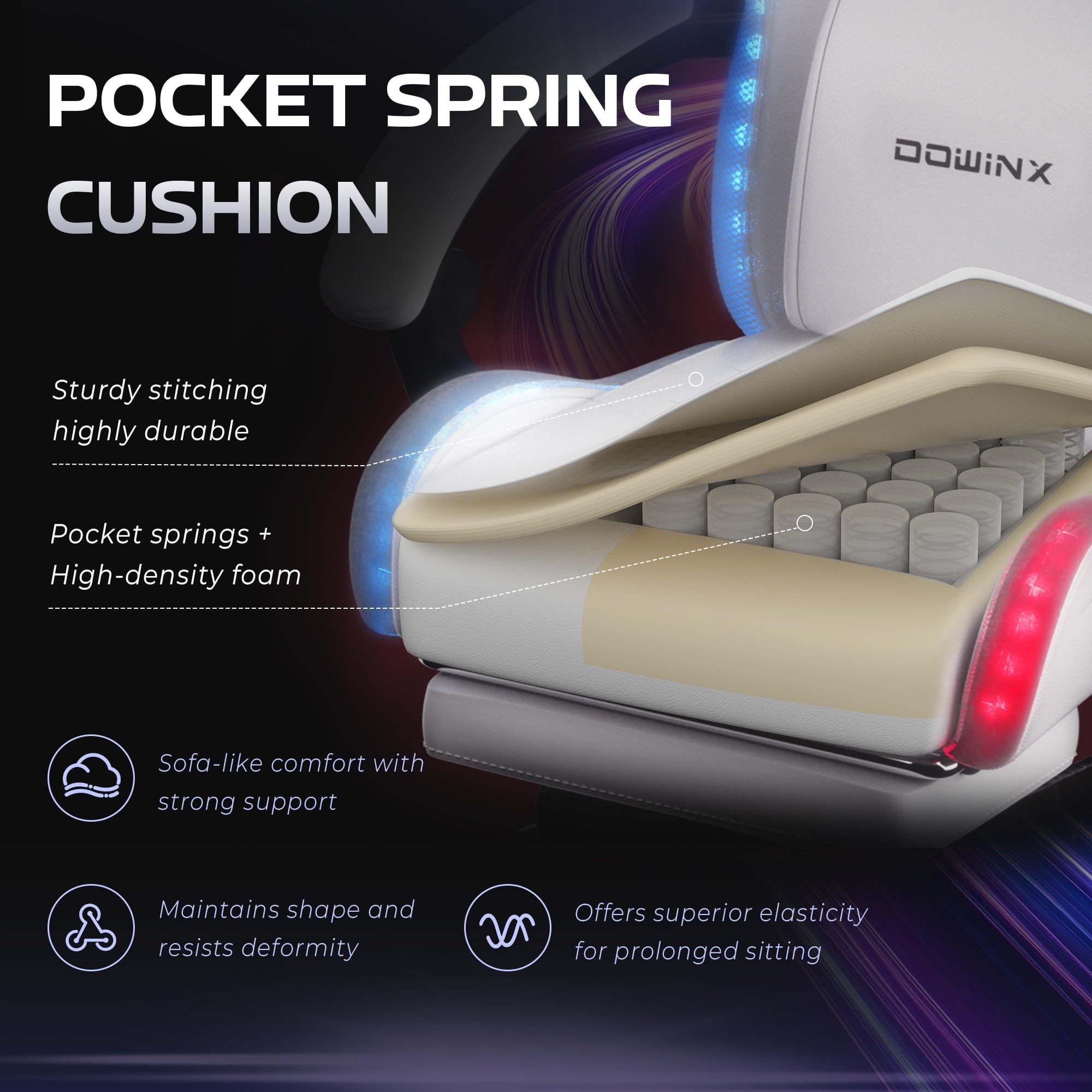 Dowinx RGB LED Gaming Chair with Massage Lumbar Support & Footrest - Ergonomic PU Leather Video Game Chair for Adults, White