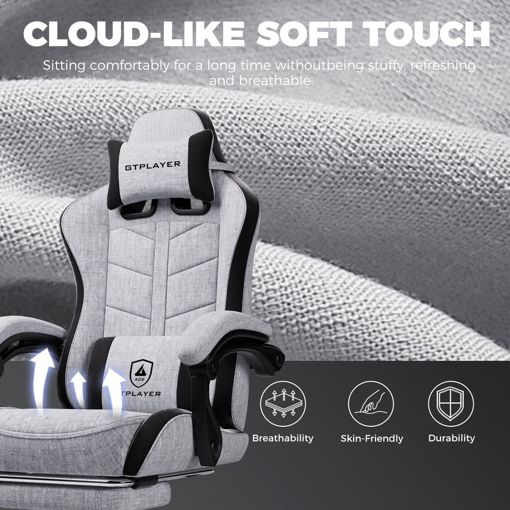 GTPLAYER Gaming Chair with Footrest, Computer Gaming Chair for Adults and Kids, Height Adjustable Gamer Chair with 90-155° Recline & Removable Headrest Lumbar Support,Gray