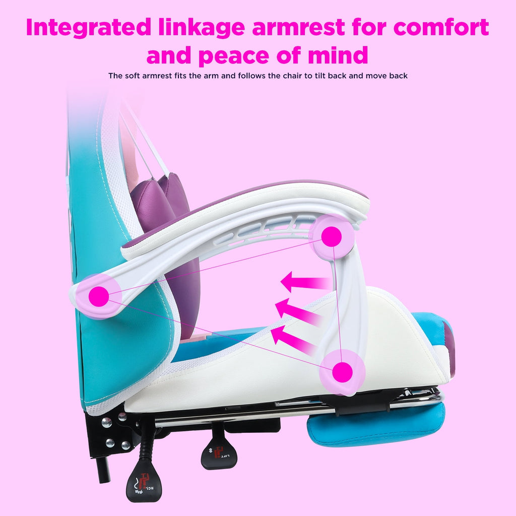 Frogued Gaming Chair with RGB LED Lights for Girls, 360-degree Swivel Base, Ergonomic Computer Chair with Massage and Footrest, Reclining Video Game Chair for Adult