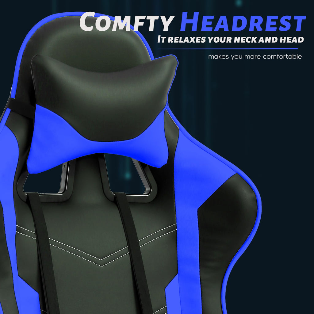 CL.HPAHKL Ergonomic Gaming Chair, PU Leather Recliner with Headrest Armrest Footrest Video Gamer Chair with Massage Lumbar Support Recliner Game Chair with 360° Swivel Seat, Blue