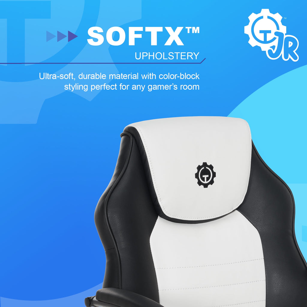 Gamer Gear Jr. Xplorer Gaming and Computer Chair, Kids and Teens Gaming Chair with Padded Arms, Adjustable Height, White and Black