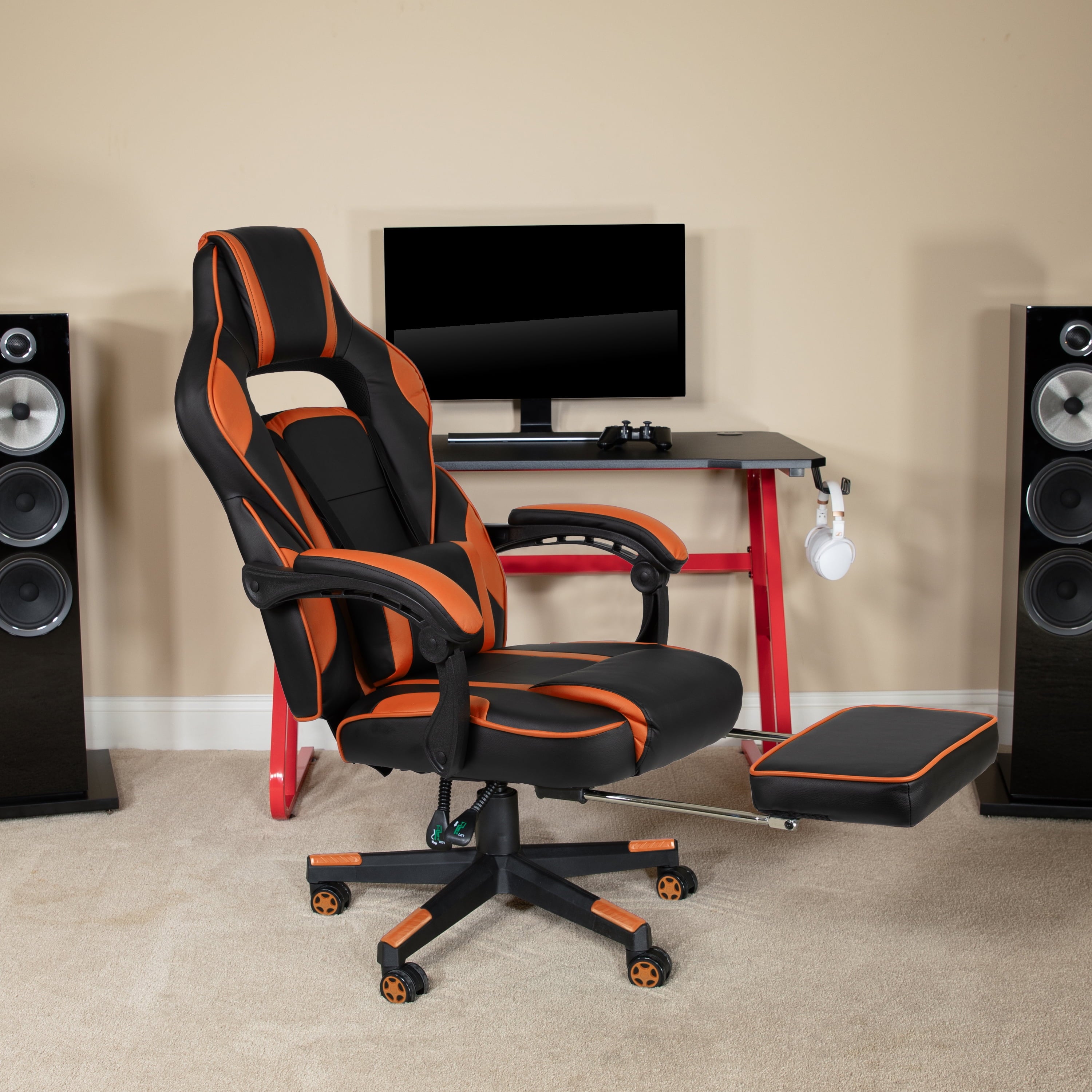 BizChair X40 Gaming Chair Racing Ergonomic Computer Chair with Fully Reclining Back/Arms, Slide-Out Footrest, Massaging Lumbar - Black/Orange