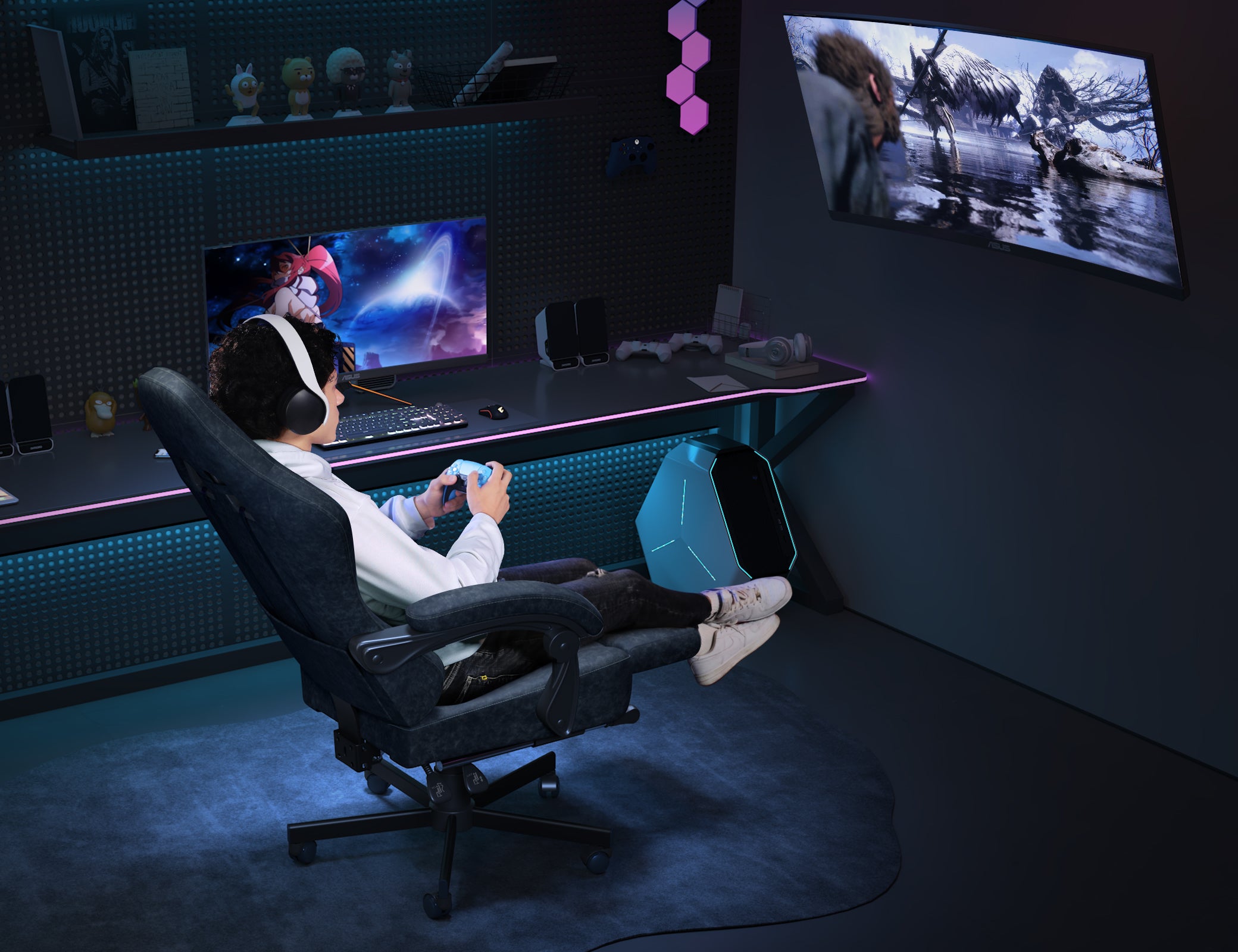 Kslysuty Gaming Chair with Pocket, Wide and High Ergonomic Leather Office Chair with Headrest, Computer Gaming Chair with Footrest for Adult and Teen, Grey