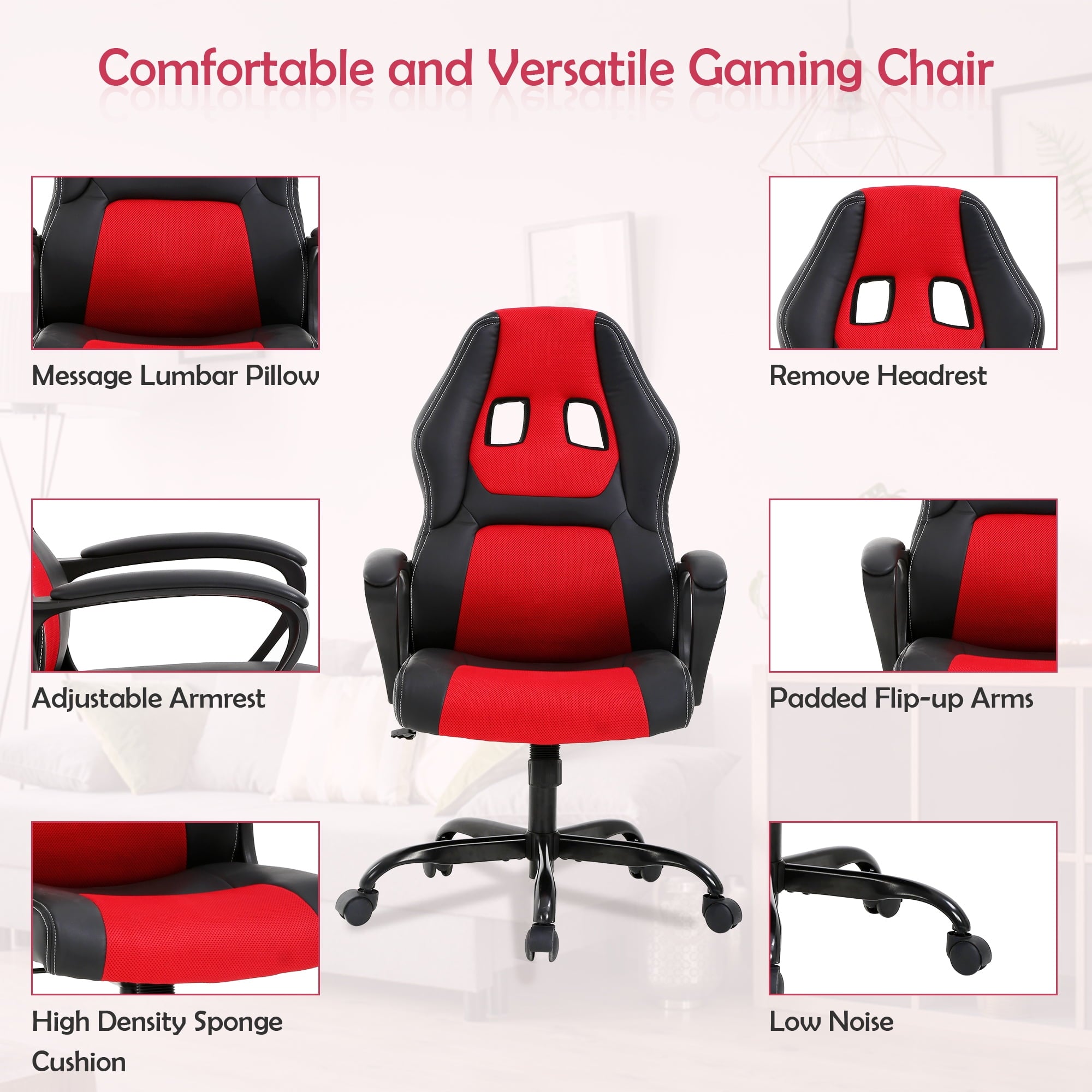 CL.HPAHKL Gaming Chair PC Gaming Chair Gaming Chairs for Adults, Computer Chair PU Leather Office Desk Chair with Arms & Back Ergonomic High-Back Video Game Chair(RED）