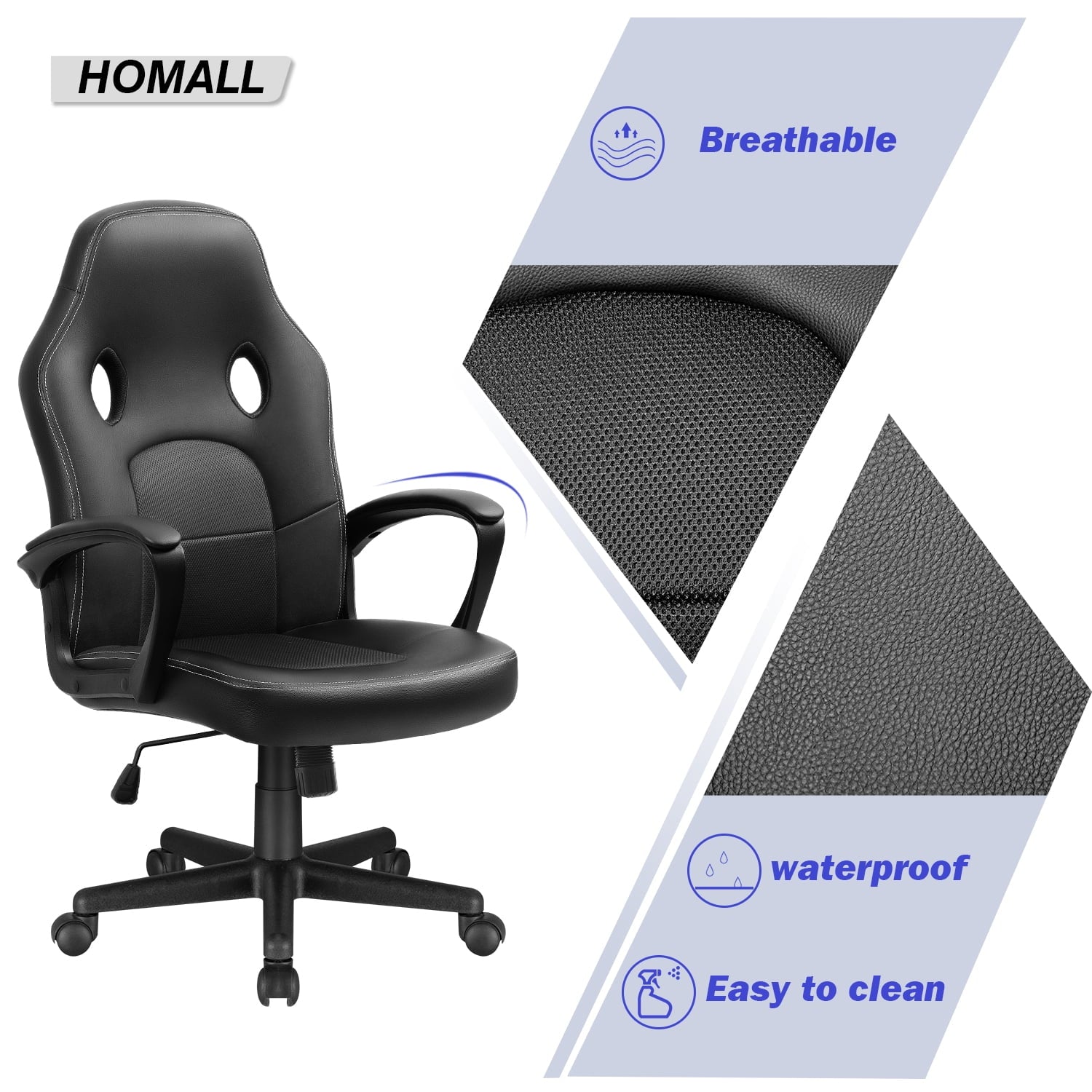 Homall Gaming Chair Leather Office Chair High Back Ergonomic Adjustable Swivel Executive Computer Chair Rolling Task,Black