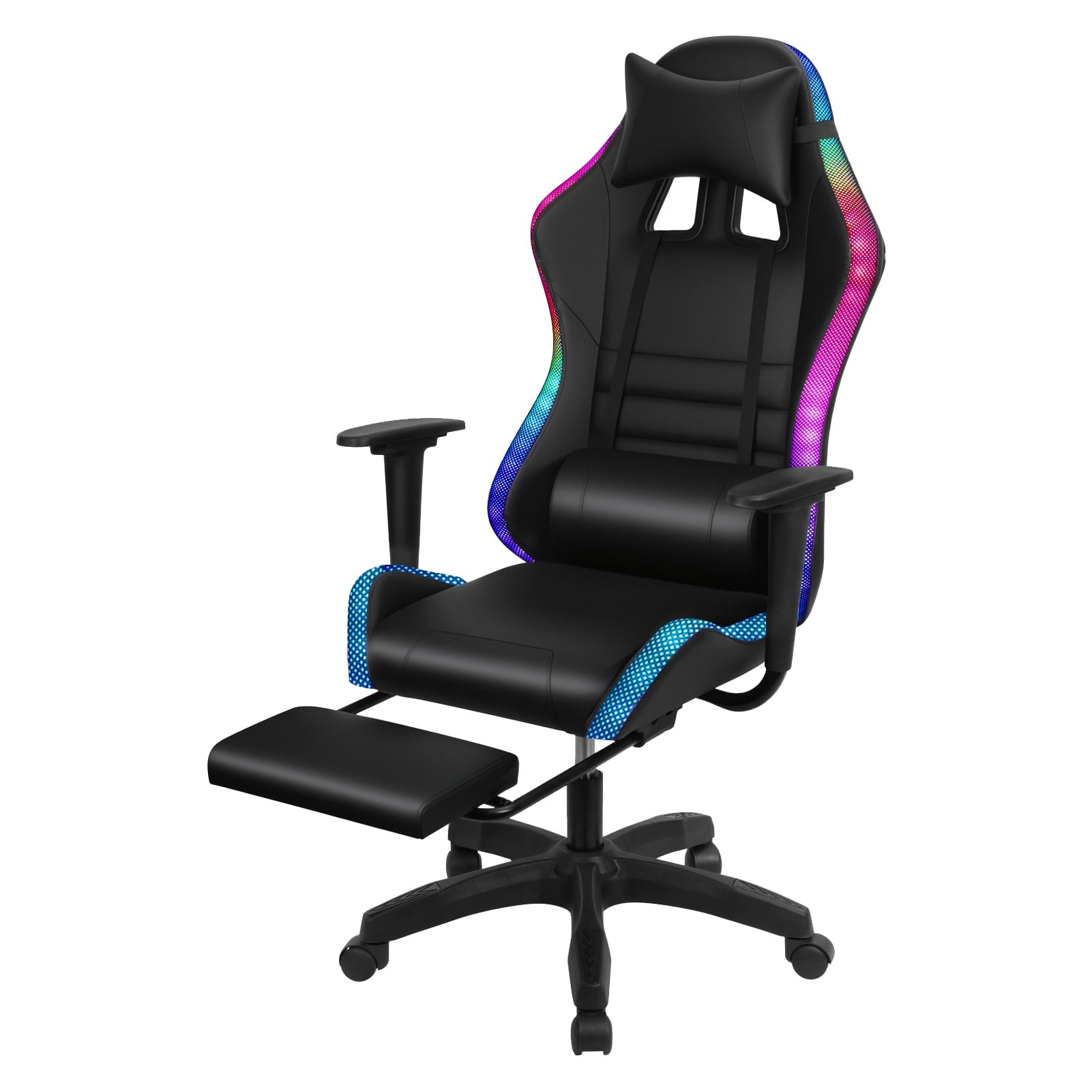 Nanly Gaming Chair with Retractable Footrest, Ergonomic Computer Racing Chair with Two Bluetooth-compatible Speakers and Multiple RGB LED Light Modes Swivel Rolling Computer Chair for Home Office