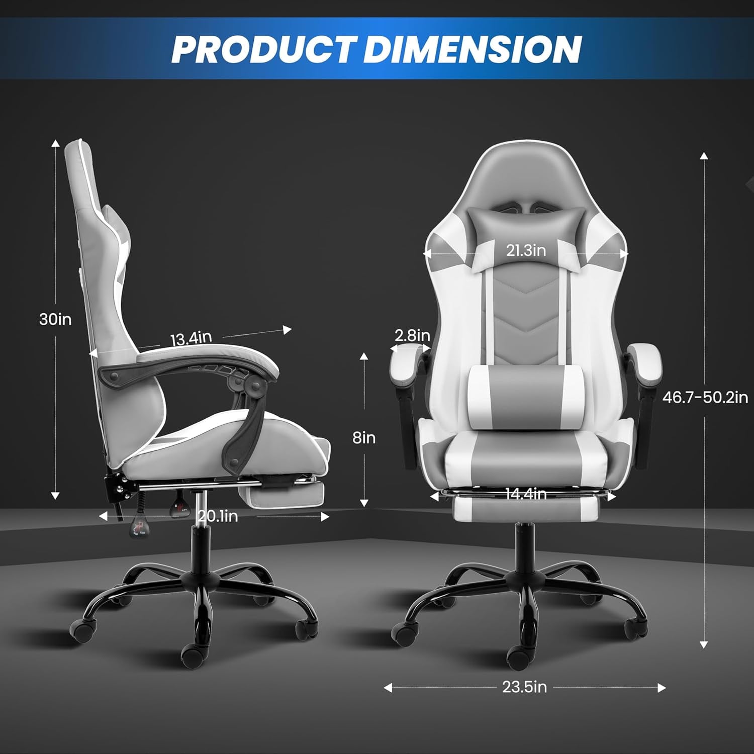 YUONAO White Gaming Chair with Footrest, Big and Tall Gamer Chair, Racing Style Adjustable Swivel Office Chair, Ergonomic Video Game Chairs with Headrest and Lumbar Support-Grey/White With Footrest