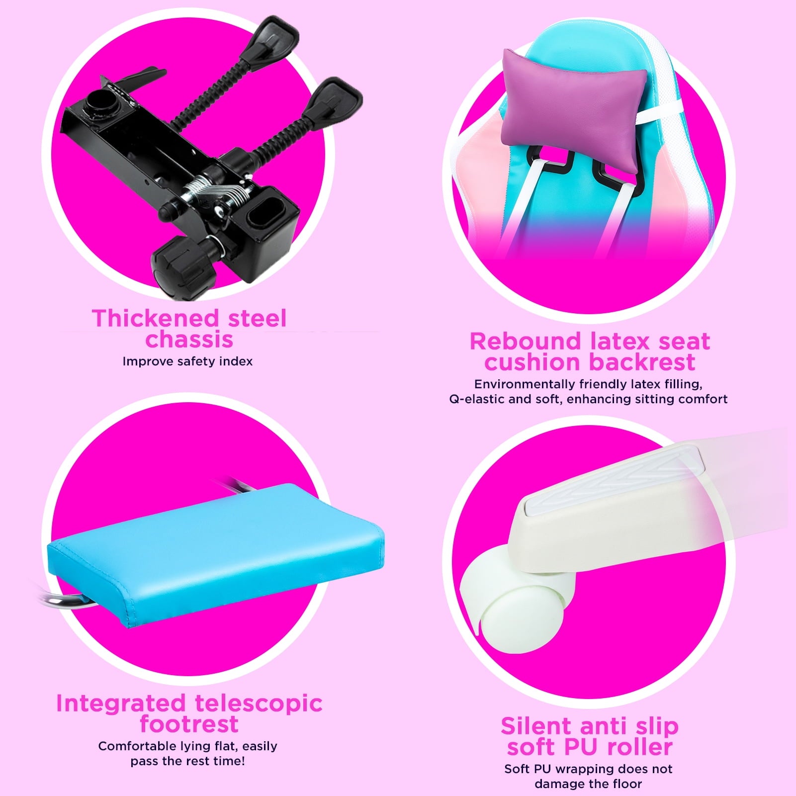 Frogued Gaming Chair with RGB LED Lights for Girls, 360-degree Swivel Base, Ergonomic Computer Chair with Massage and Footrest, Reclining Video Game Chair for Adult