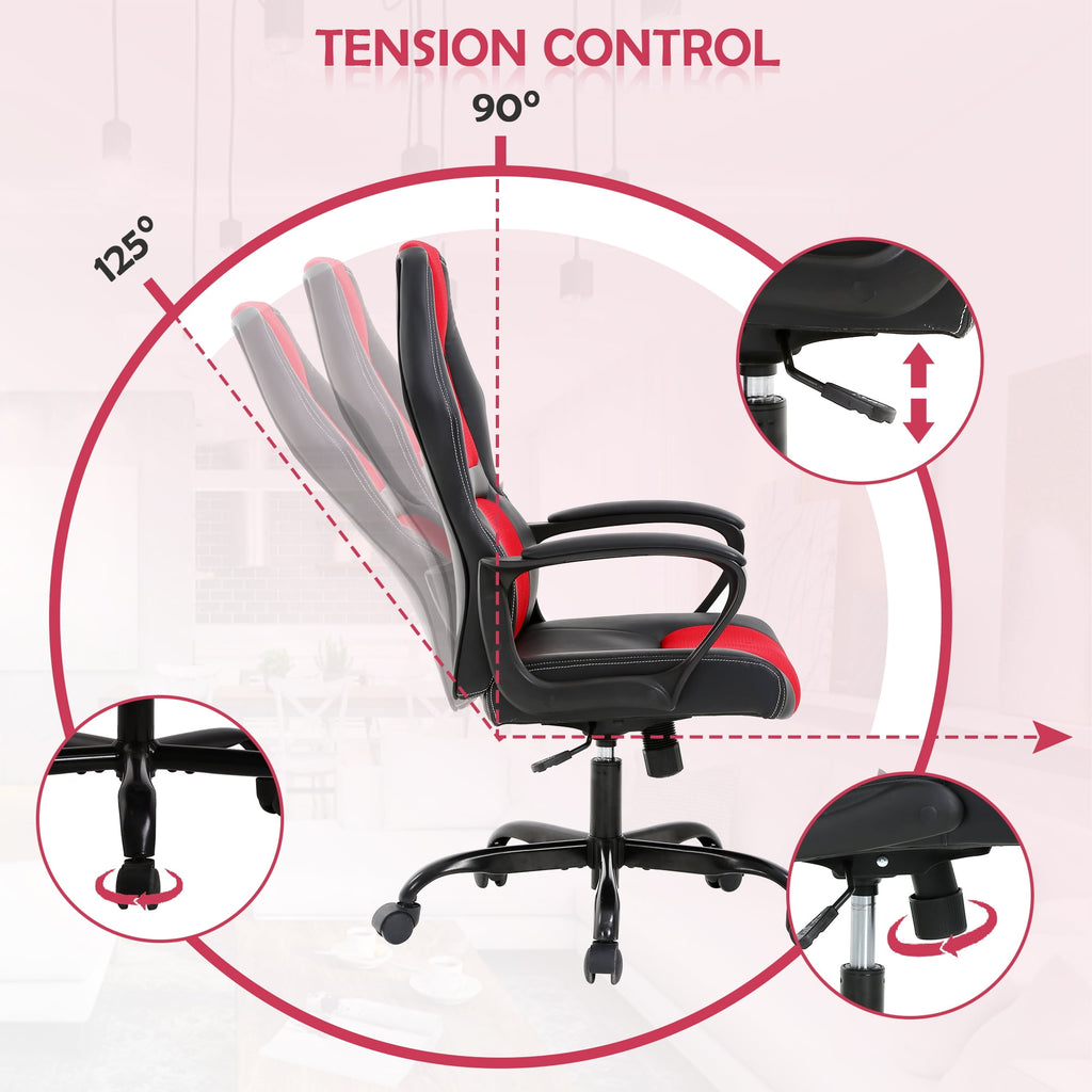 CL.HPAHKL Gaming Chair PC Gaming Chair Gaming Chairs for Adults, Computer Chair PU Leather Office Desk Chair with Arms & Back Ergonomic High-Back Video Game Chair(RED）