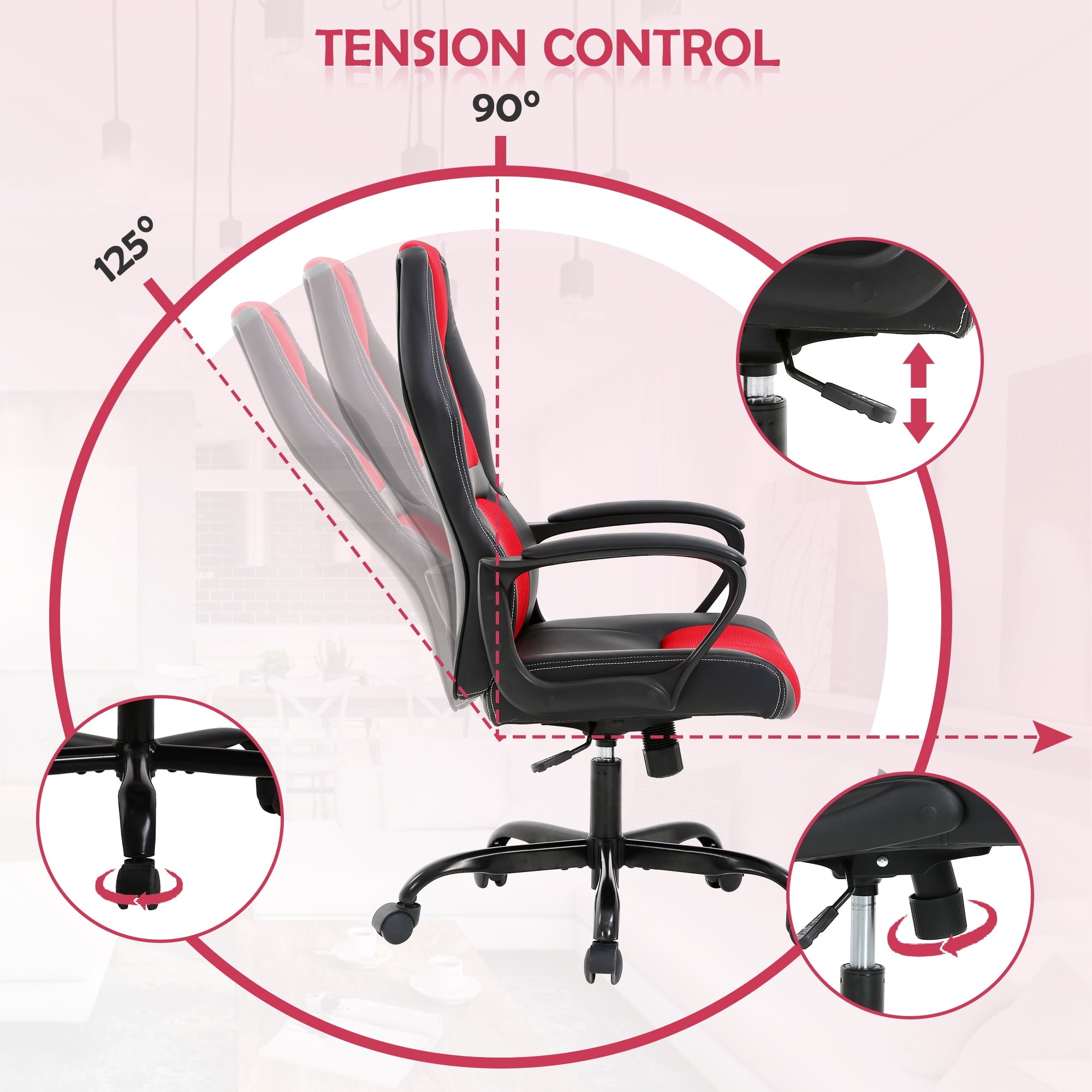CL.HPAHKL Gaming Chair PC Gaming Chair Gaming Chairs for Adults, Computer Chair PU Leather Office Desk Chair with Arms & Back Ergonomic High-Back Video Game Chair(RED）
