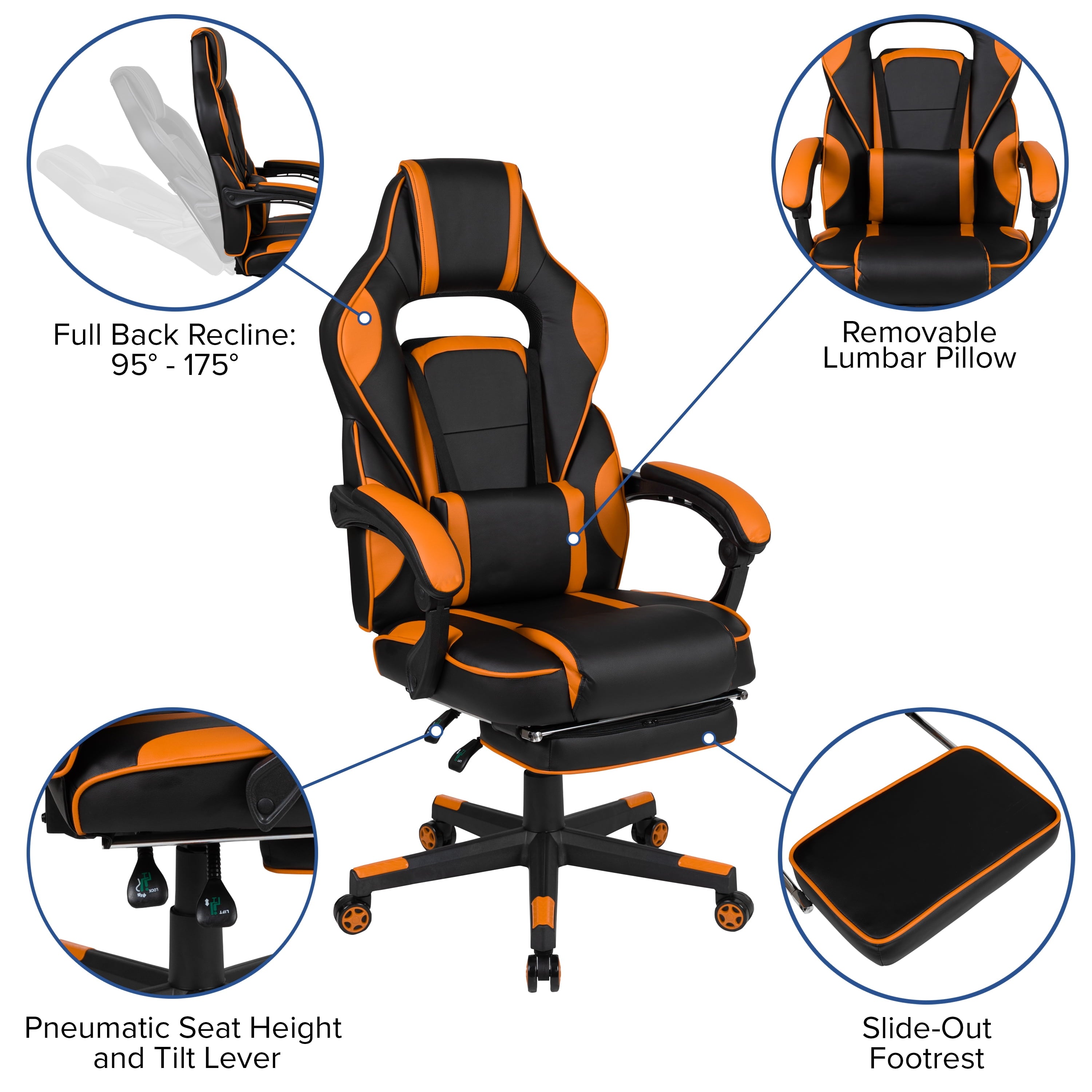 BizChair X40 Gaming Chair Racing Ergonomic Computer Chair with Fully Reclining Back/Arms, Slide-Out Footrest, Massaging Lumbar - Black/Orange