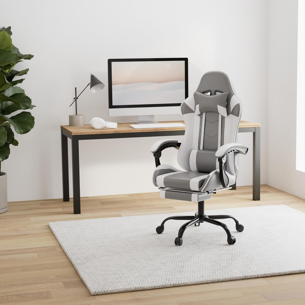 YUONAO White Gaming Chair with Footrest, Big and Tall Gamer Chair, Racing Style Adjustable Swivel Office Chair, Ergonomic Video Game Chairs with Headrest and Lumbar Support-Grey/White With Footrest
