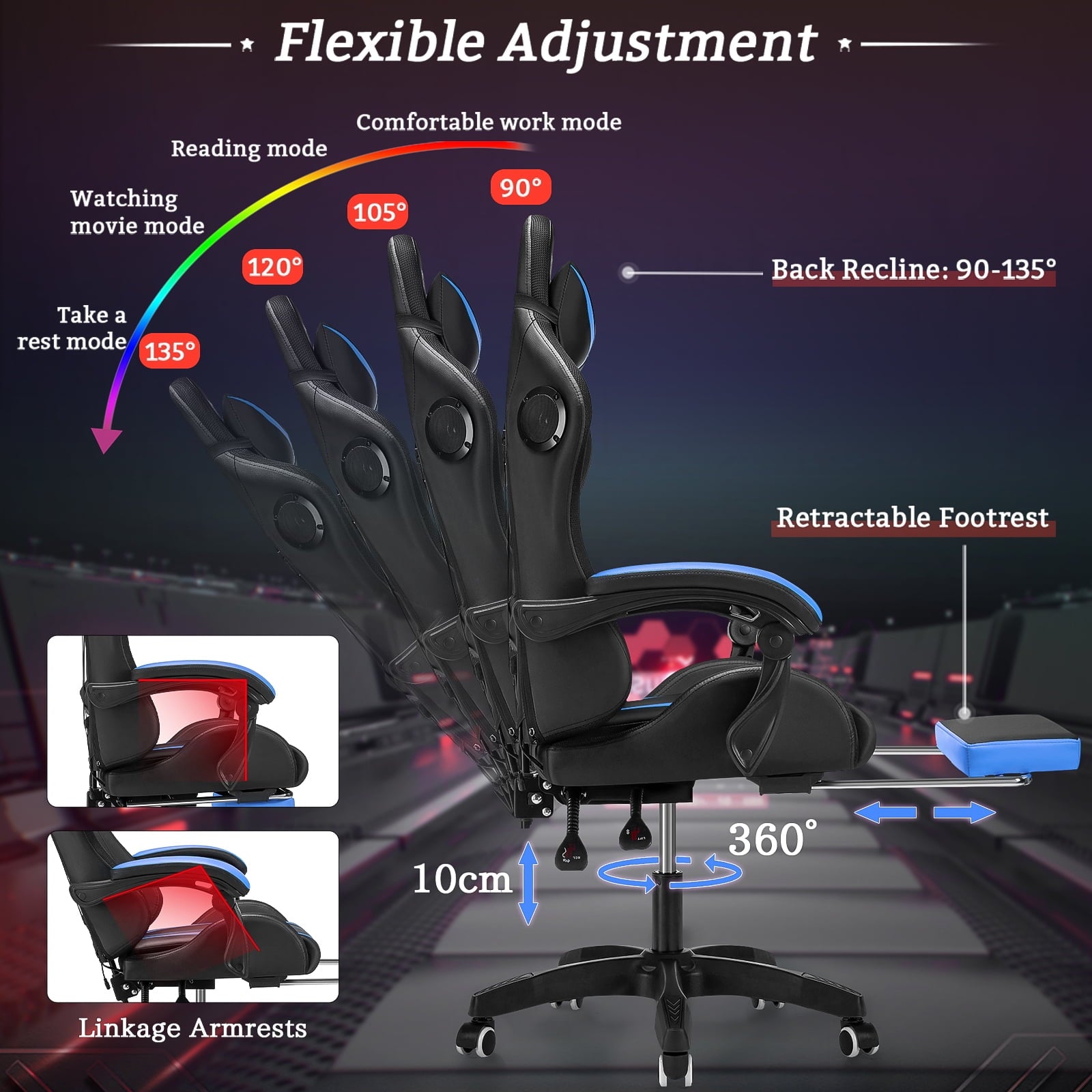 Hoffree Massage Gaming Chair Racing Office Computer Game Chair Ergonomic Backrest and Seat Height Adjustment Recliner Swivel Rocker with Headrest and Lumbar Pillow E-Sports Chair