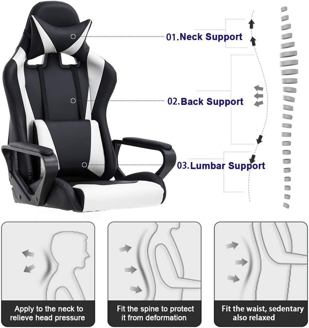 Ergonomic Racing Desk Chair - High-Back Gaming Chair & Office Computer Chair with Adjustable Lumbar Support, Headrest, 360° Swivel & PU Leather for Adults, Men, Women (White)