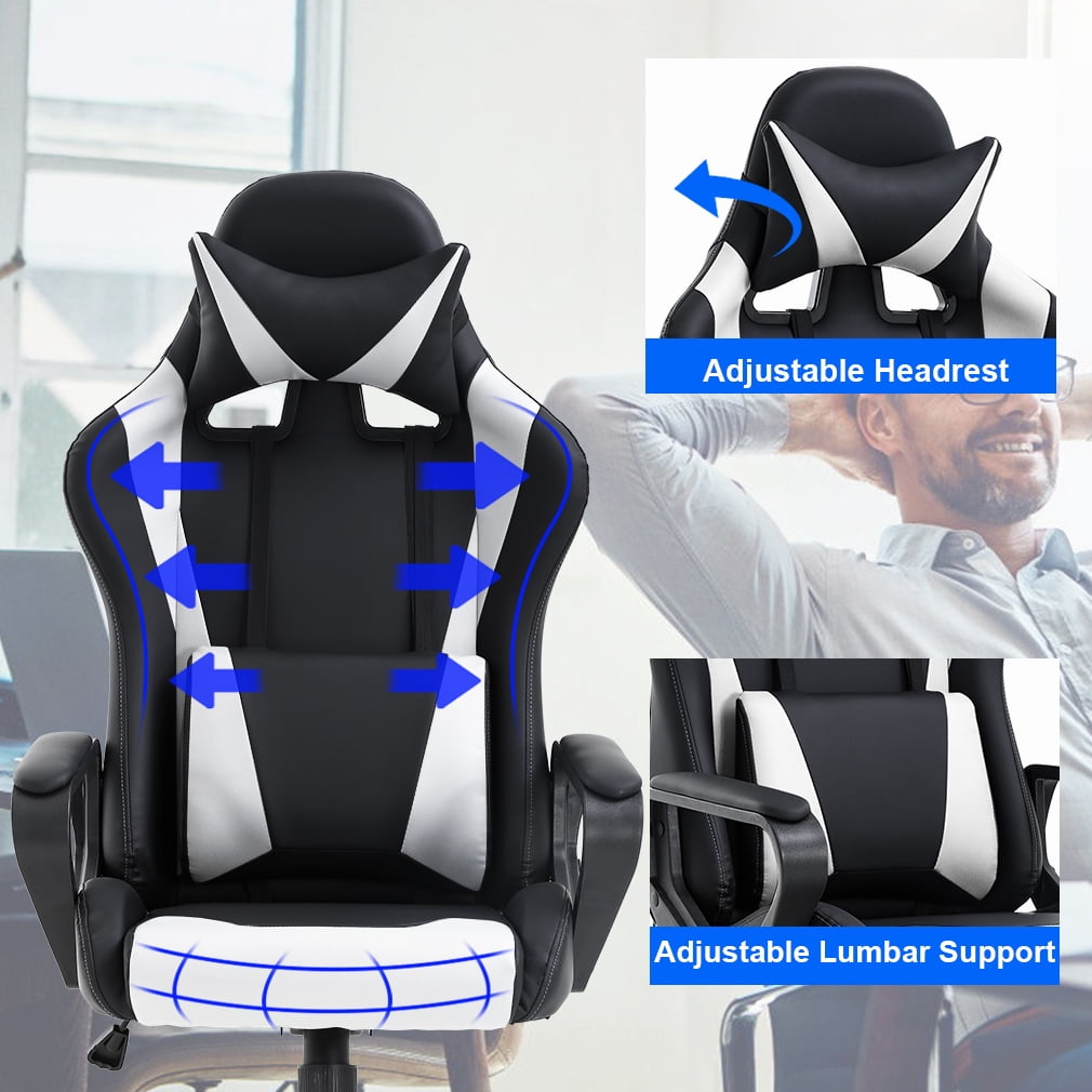 NiamVelo PC Gaming Chair Adjustable Swivel Gamer Chair High Back PU Leather Racing Chair with Lumbar Support &Headrest  White