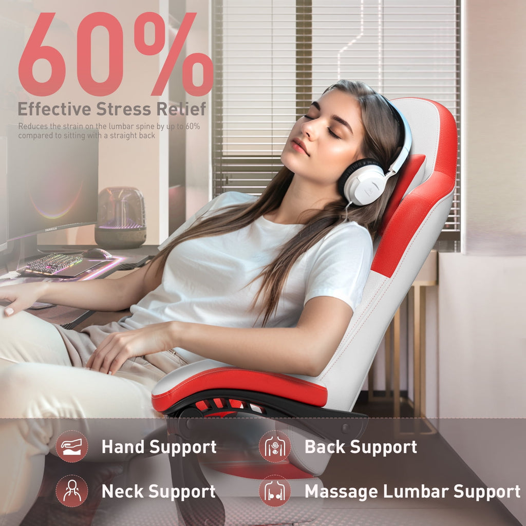 HLDIRECT Gaming Chair with Footrest, Massage Leather Game Chair, Ergonomic Gamer Chair with Lumbar Support & Headrest for Adults,White & Red