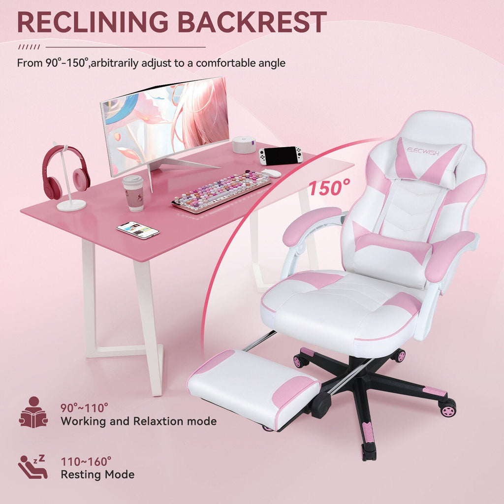 FULLWATT Video Gaming Chair Office Chair Ergonomic PC Computer Chair Reclining Racing Chair with High Back Swivel Executive Office Desk Chair with Extendable Footrest Adjustable Lumbar Pillow Pink